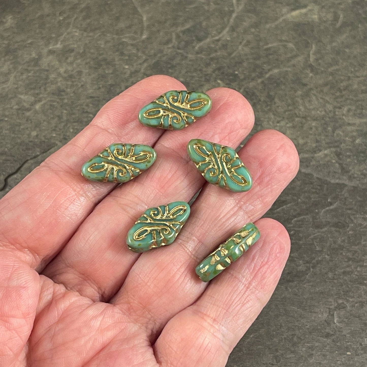 19x9mm Arabesque Embellished Oval Czech Glass Beads ~ Turquoise Green with Picasso and Gold Wash Oval Glass Beads (OCB/ARAB37) * Qty. 6