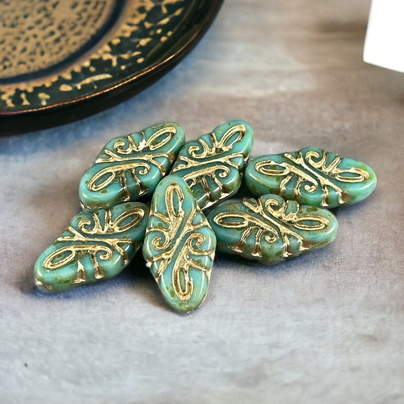 19x9mm Arabesque Embellished Oval Czech Glass Beads ~ Turquoise Green with Picasso and Gold Wash Oval Glass Beads (OCB/ARAB37) * Qty. 6