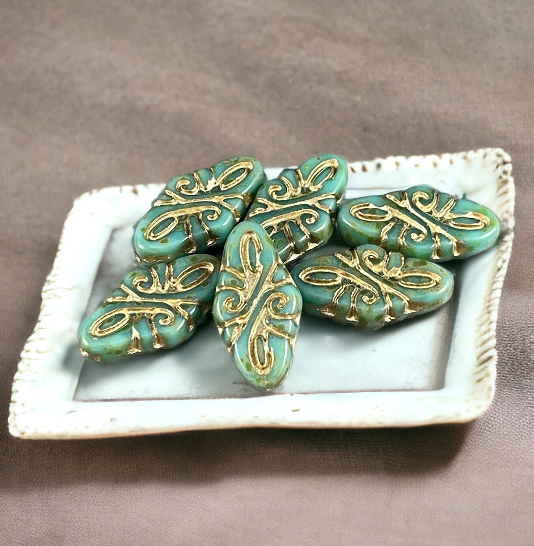 19x9mm Arabesque Embellished Oval Czech Glass Beads ~ Turquoise Green with Picasso and Gold Wash Oval Glass Beads (OCB/ARAB37) * Qty. 6
