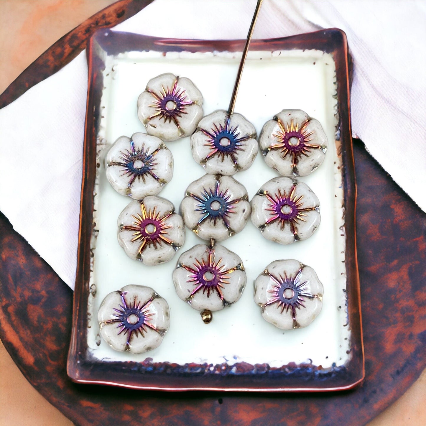 White Czech Glass 12mm Hibiscus Flower Bead with Volcano Metallic Center (FL12/N-1330) * Qty. 12