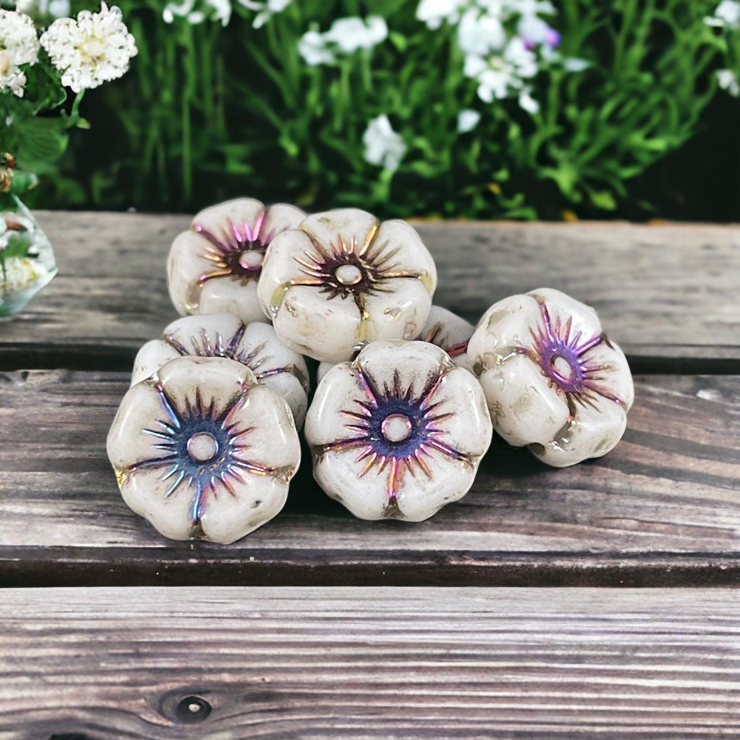 White Czech Glass 12mm Hibiscus Flower Bead with Volcano Metallic Center (FL12/N-1330) * Qty. 12