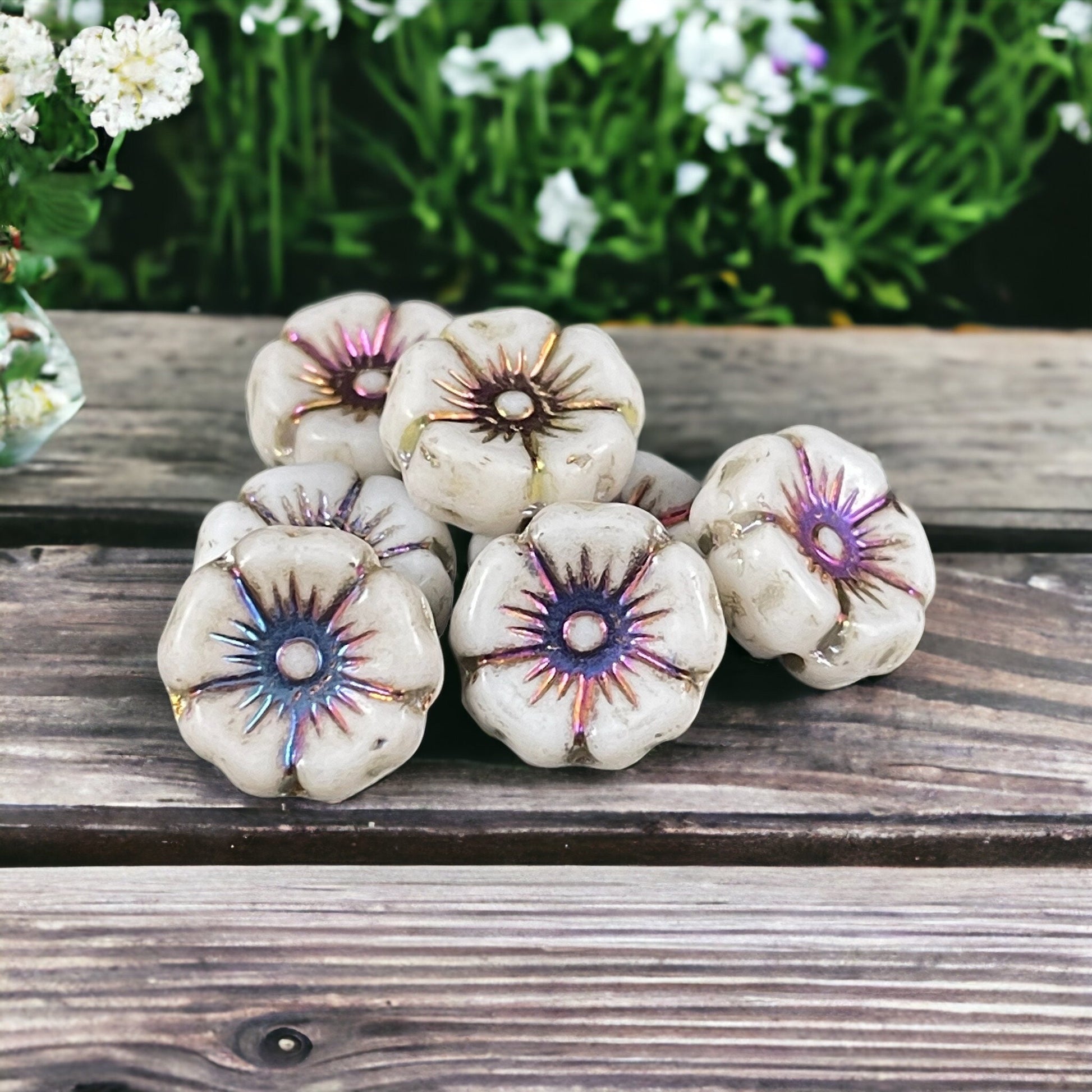 White Czech Glass 12mm Hibiscus Flower Bead with Volcano Metallic Center (FL12/N-1330) * Qty. 12