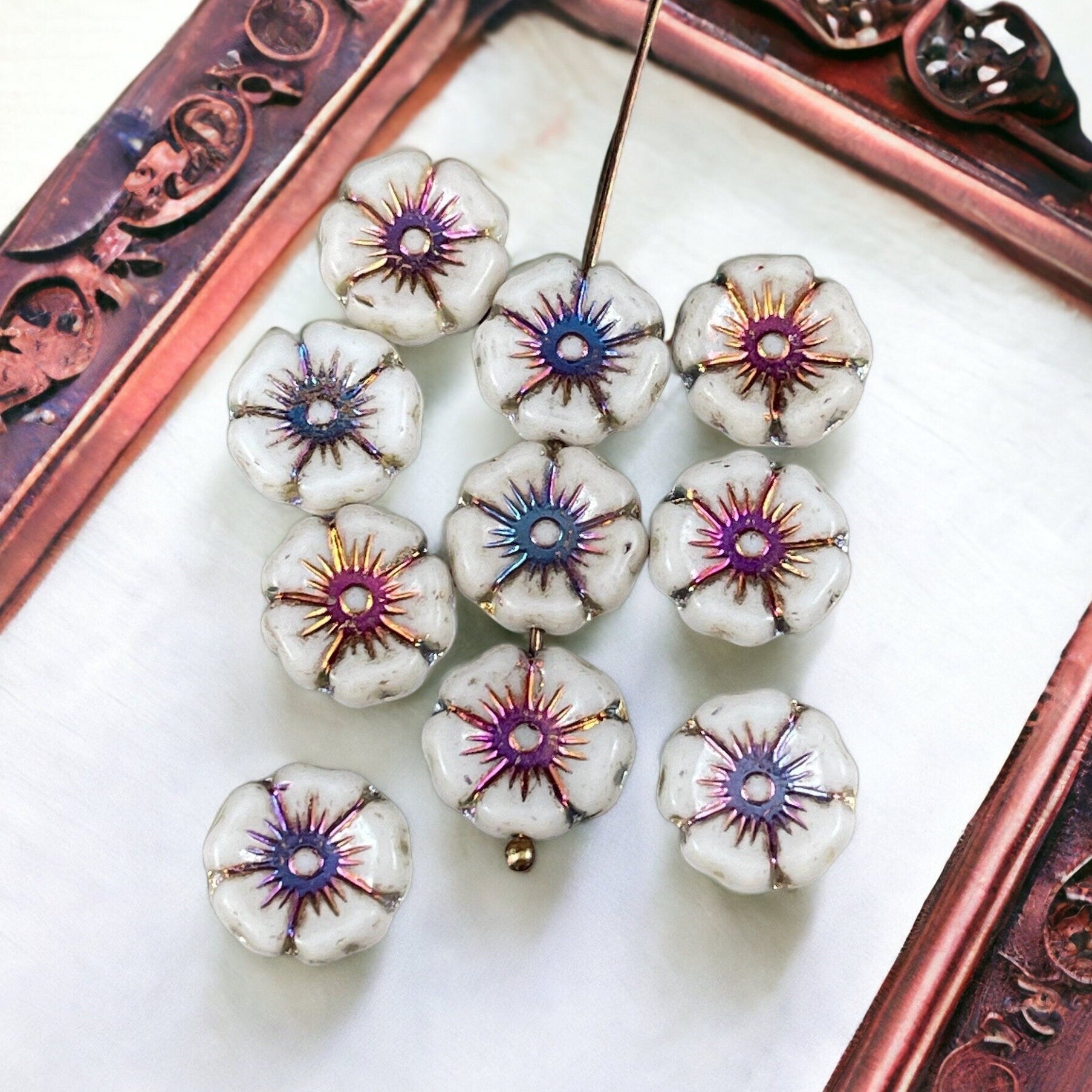 White Czech Glass 12mm Hibiscus Flower Bead with Volcano Metallic Center (FL12/N-1330) * Qty. 12