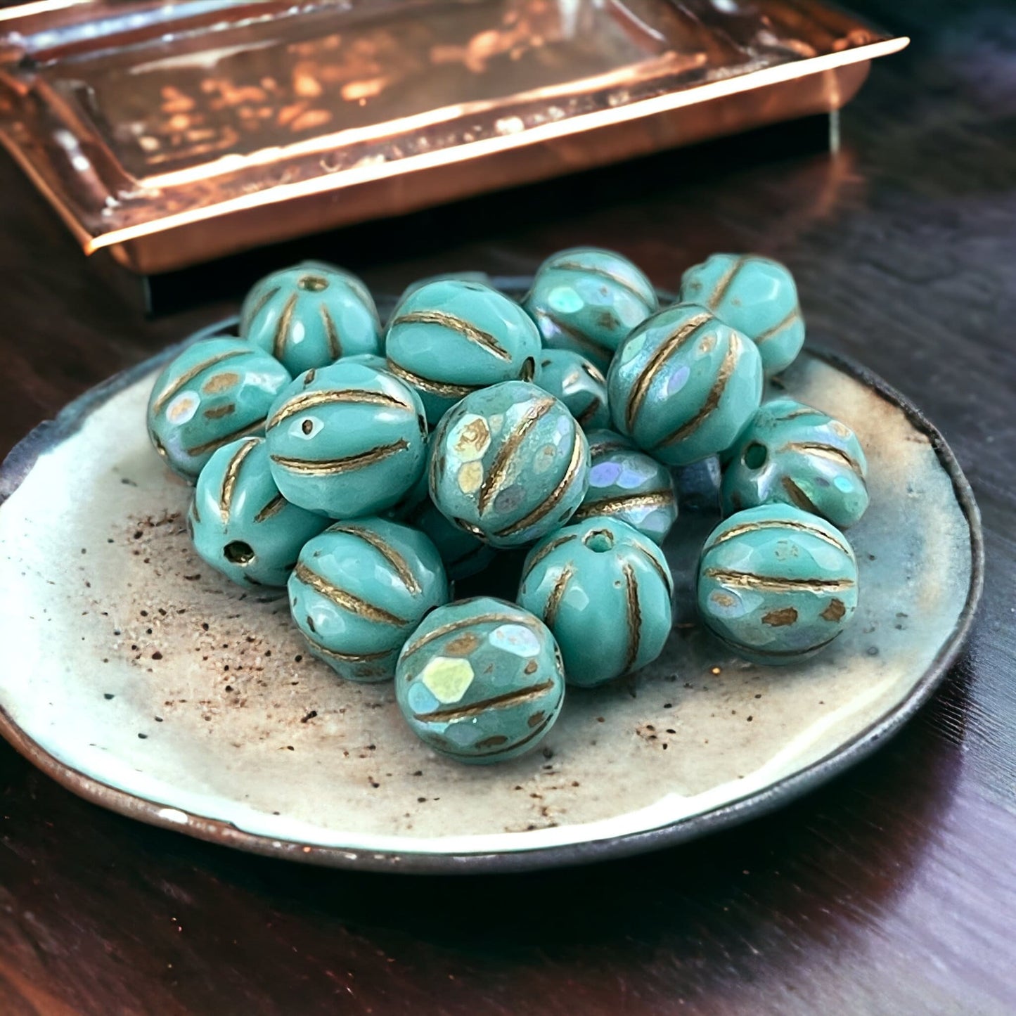 Czech Beads - 8mm Faceted Melon, Turquoise with AB and Gold Wash (8FM/N-1288) * 20 Beads