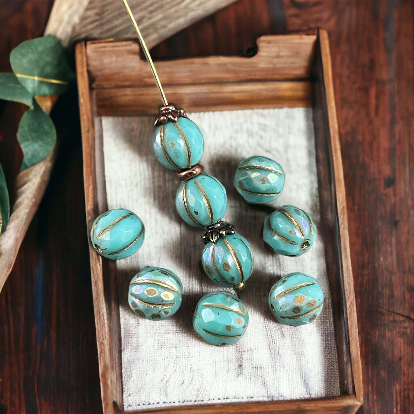 Czech Beads - 8mm Faceted Melon, Turquoise with AB and Gold Wash (8FM/N-1288) * 20 Beads