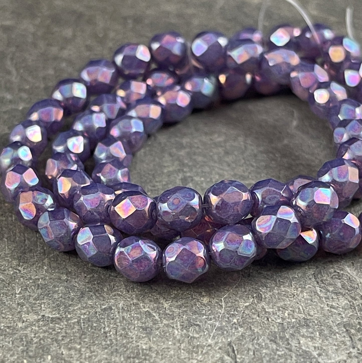 6mm Purple Glass with Mother of Pearl Finish ~ Purple Irridescent Faceted Round Czech Glass Fire Polished Beads (FP6/N-157) * Qty. 25