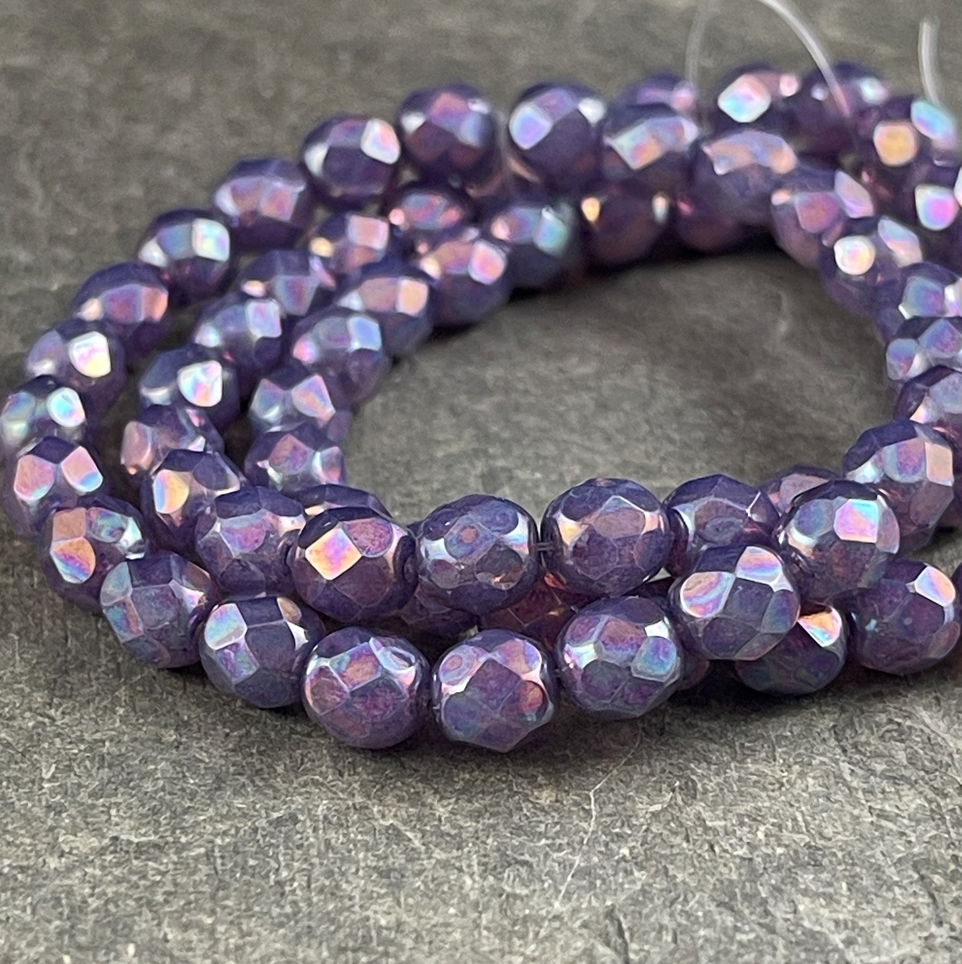 6mm Purple Glass with Mother of Pearl Finish ~ Purple Irridescent Faceted Round Czech Glass Fire Polished Beads (FP6/N-157) * Qty. 25