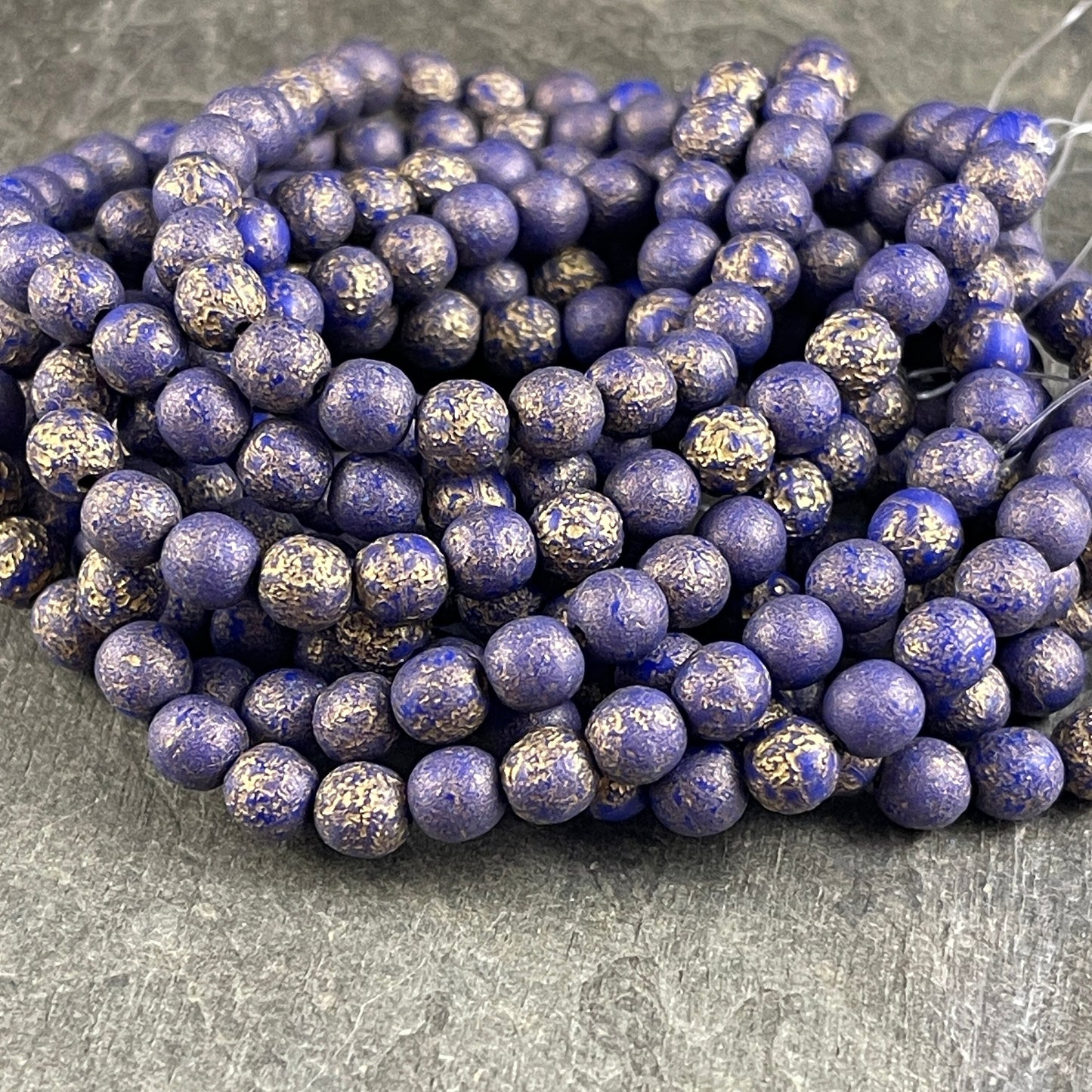 Purple Czech Glass Beads 6mm Round Glass Beads Indigo Glass with Etched Finish and Gold Wash (D6/N-025) * Qty. 30