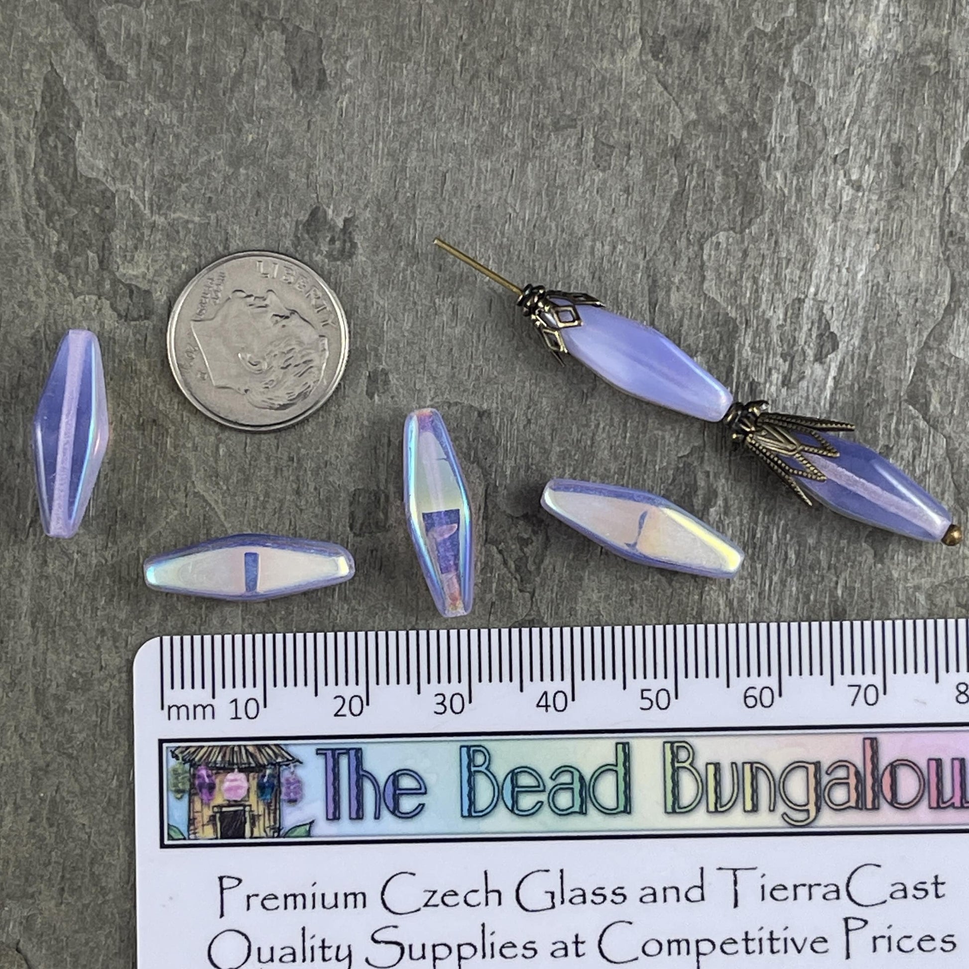 Czech Glass Beads - 20x9mm Rhombus, Light Purple with AB Finish (RHO/N-1874) * 6 Beads