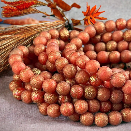 Orange Czech Glass Beads 6mm Round Glass Beads, Red Glass with Etched Finish and Gold Wash (D6/N-054) * Qty. 30