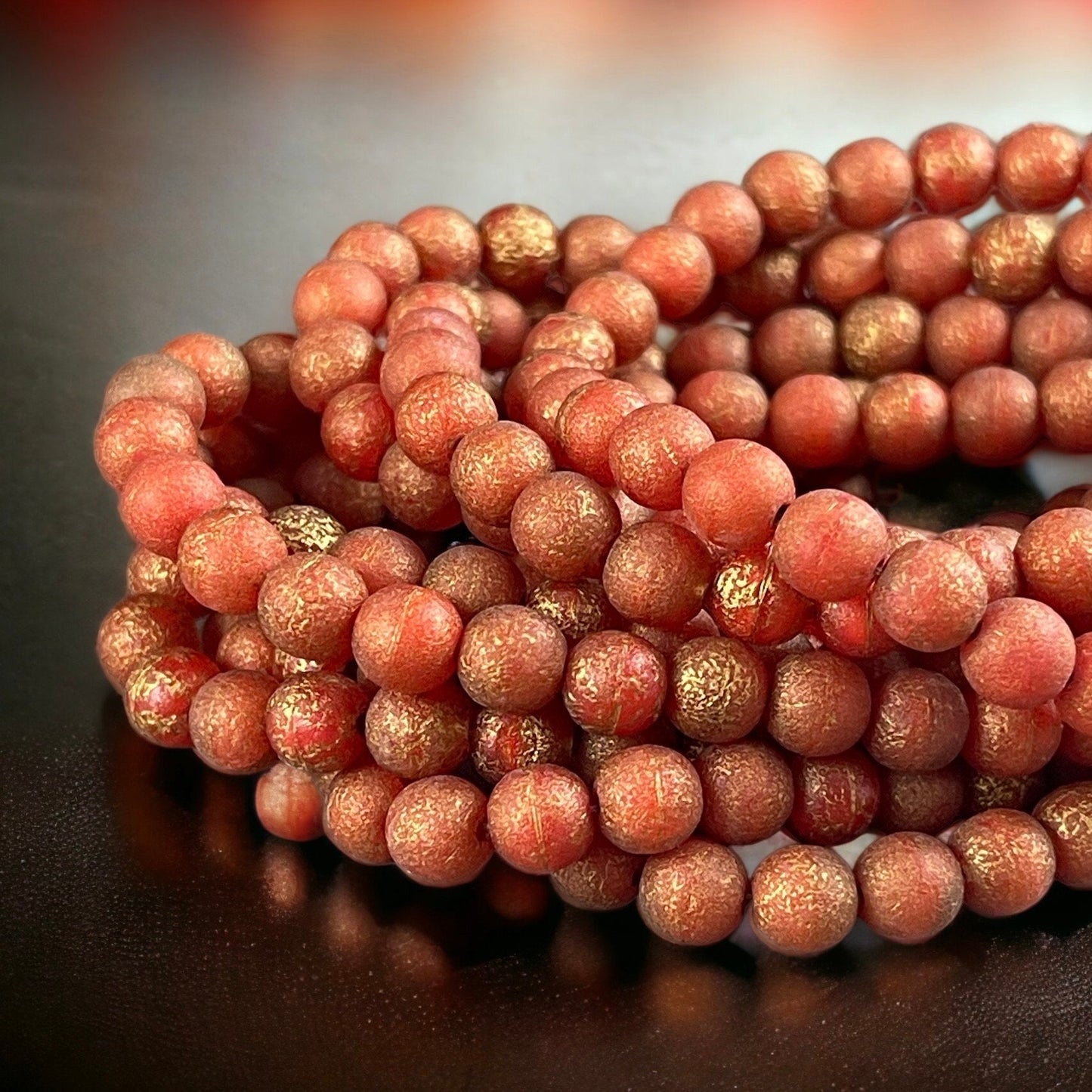 Orange Czech Glass Beads 6mm Round Glass Beads, Red Glass with Etched Finish and Gold Wash (D6/N-054) * Qty. 30