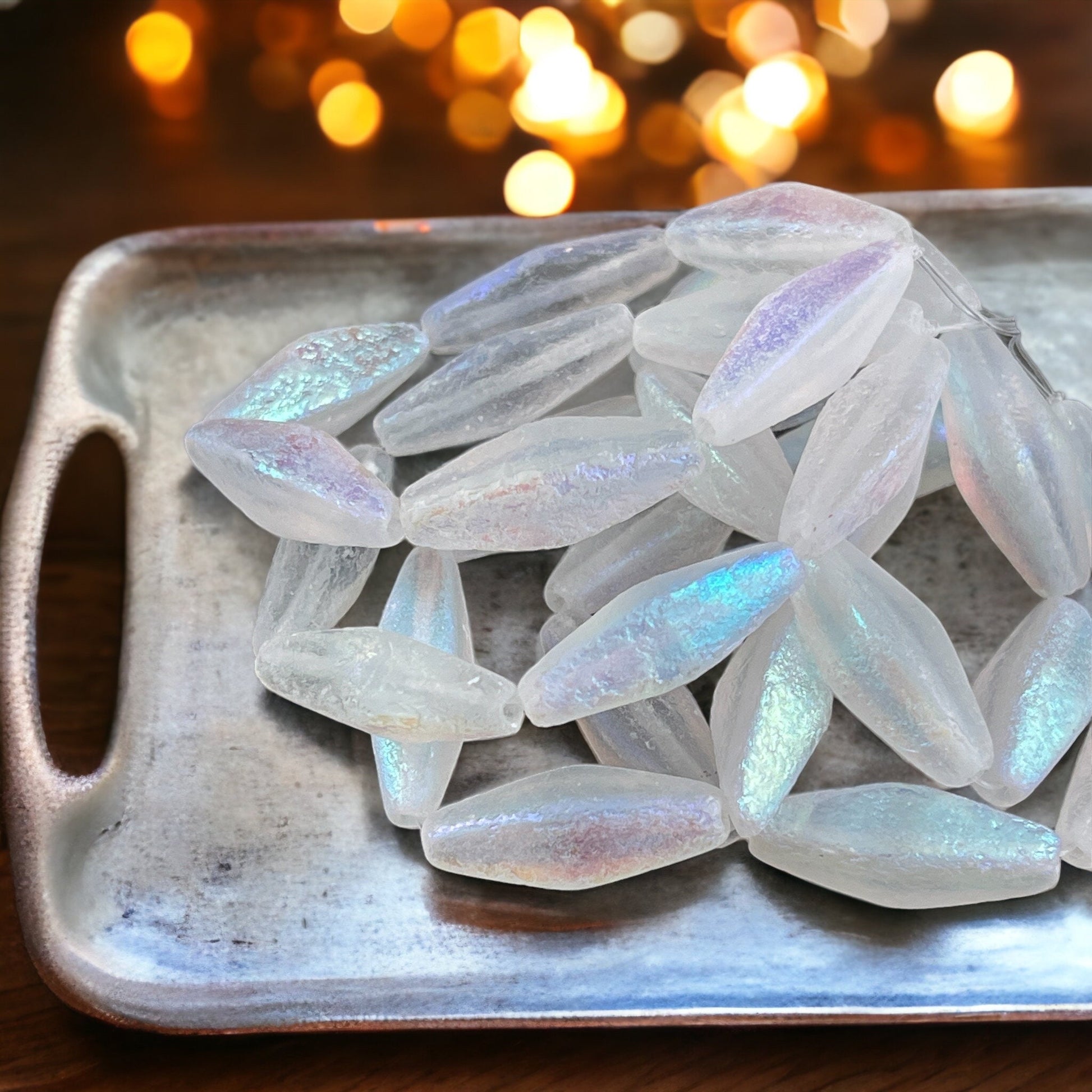 Czech Glass Beads - 20x9mm Rhombus, Etched Clear Glass with AB Finish (RHO/N-1876) * 6 Beads