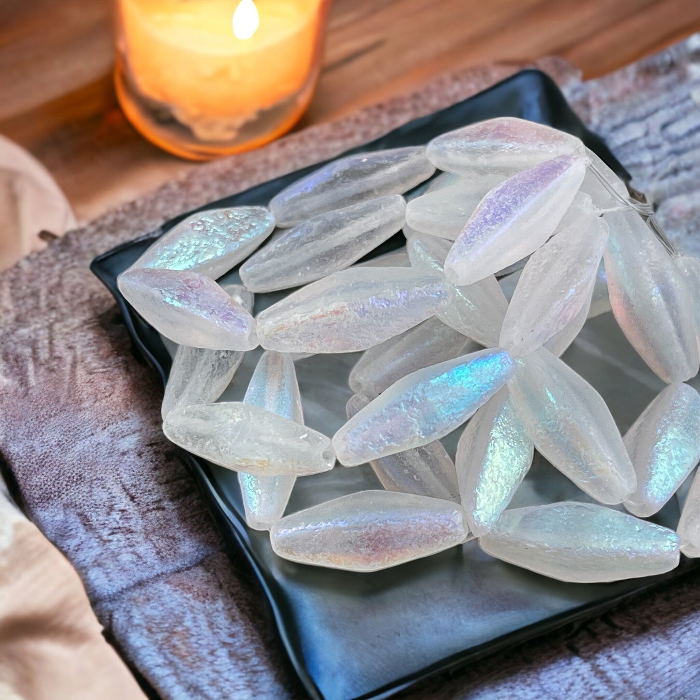 20x9mm White Rhombus Beads Elongated Spindle Beads Etched Clear Czech Glass Beads with AB Finish (RHO/1876) * Qty. 6 Beads