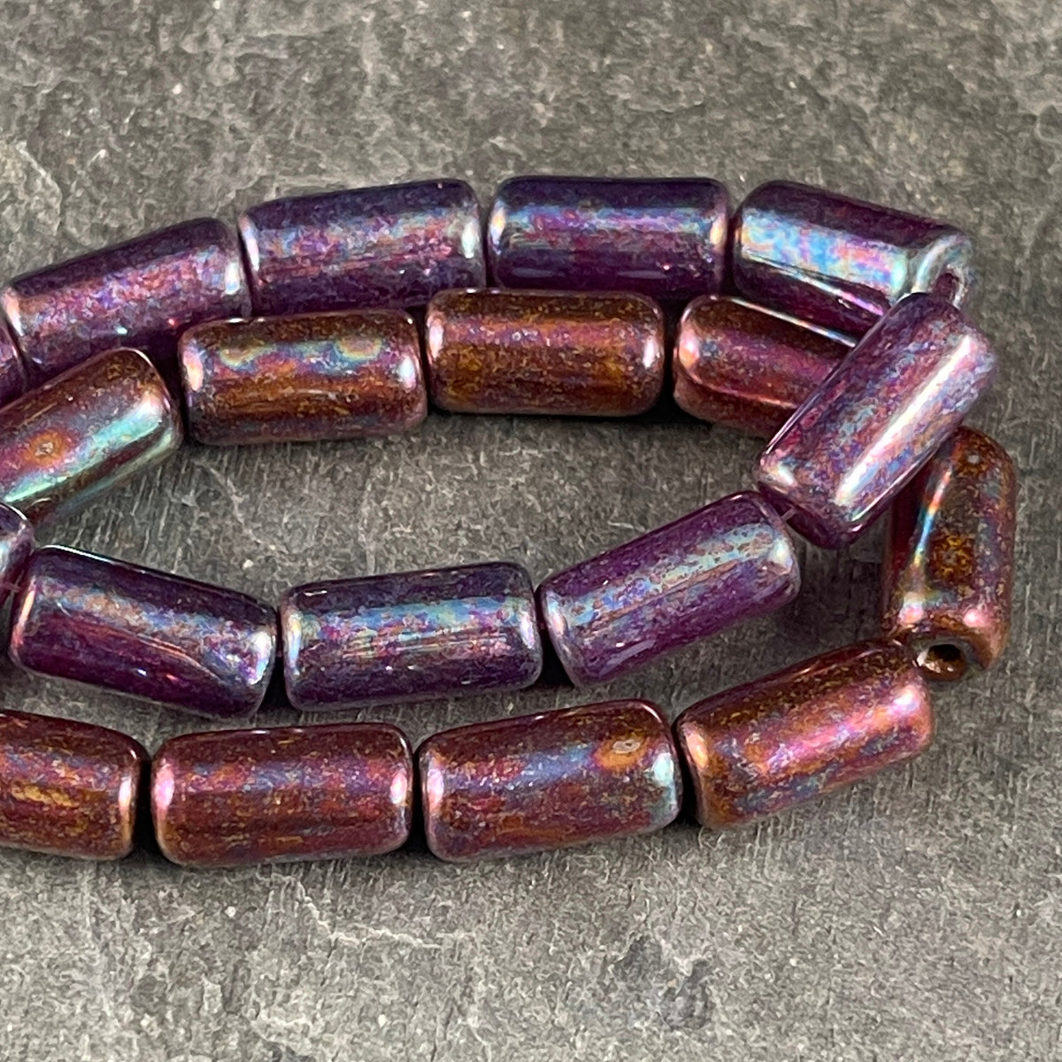 14x7mm Large Hole Glass Tube Bead ~ Ruby Red Glass with Mother of Pearl Finish ~ 2mm Hole (TUBE/N-1739) * Qty. 10