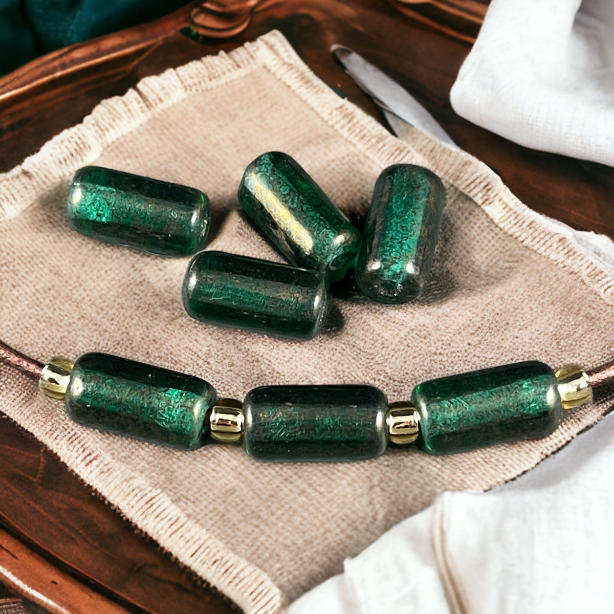14x7mm Large Hole Glass Tube Bead ~ Emerald Green Glass with Gold Luster ~ 2mm Hole (TUBE/N-1738) * Qty. 10