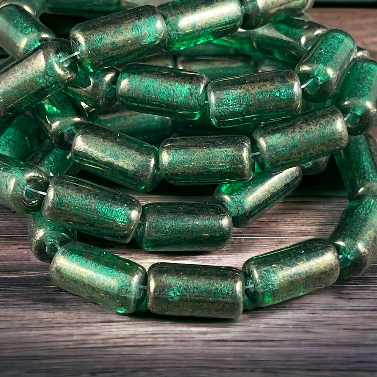 14x7mm Large Hole Glass Tube Bead ~ Emerald Green Glass with Gold Luster ~ 2mm Hole (TUBE/N-1738) * Qty. 10