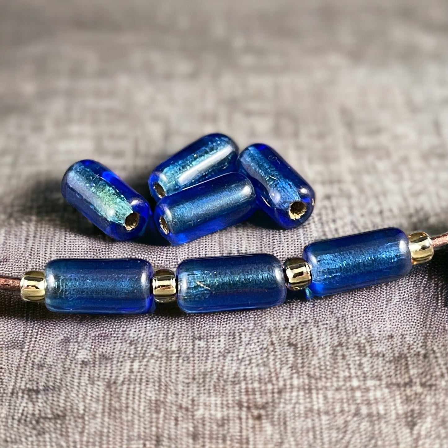 Czech Glass Beads ~ 14x7mm Large Hole Glass Tube Bead ~ Sapphire and Light Blue with Gold Lining ~ 2mm Hole (TUBE/N-0961) * Qty. 10