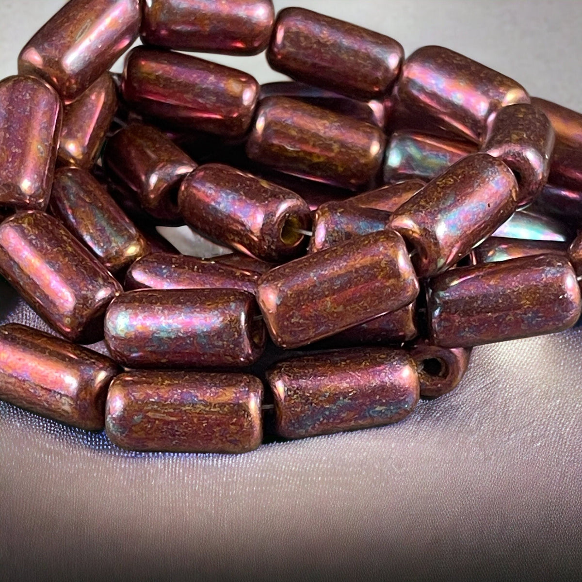 14x7mm Large Hole Glass Tube Bead ~ Ruby Red Glass with Mother of Pearl Finish ~ 2mm Hole (TUBE/N-1739) * Qty. 10