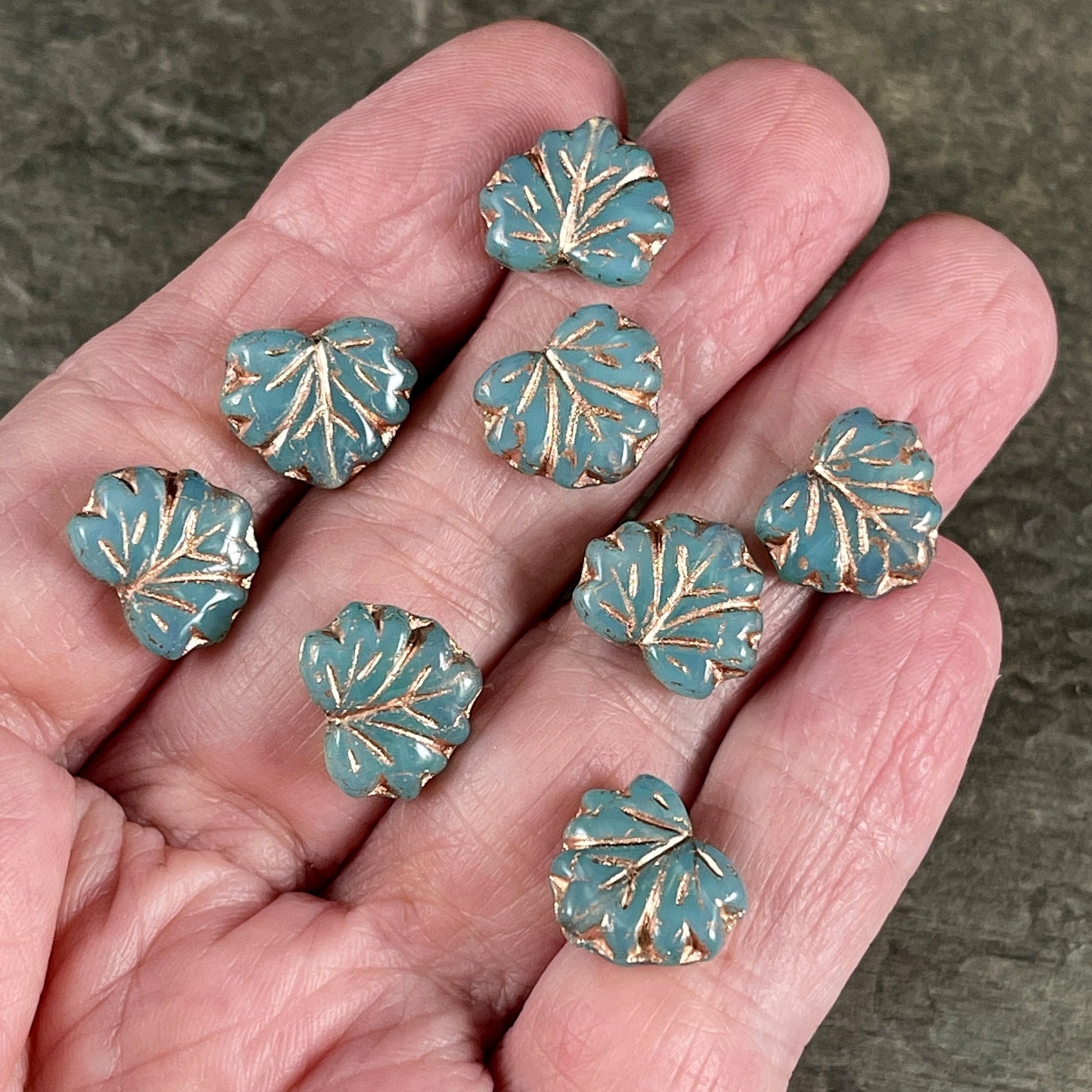 Aqua Blue Maple Leaf ~ 10x13mm Czech Glass Leaf Beads ~ Aqua Opaline Glass with Copper Wash (ML/N-1084) * Qty. 10