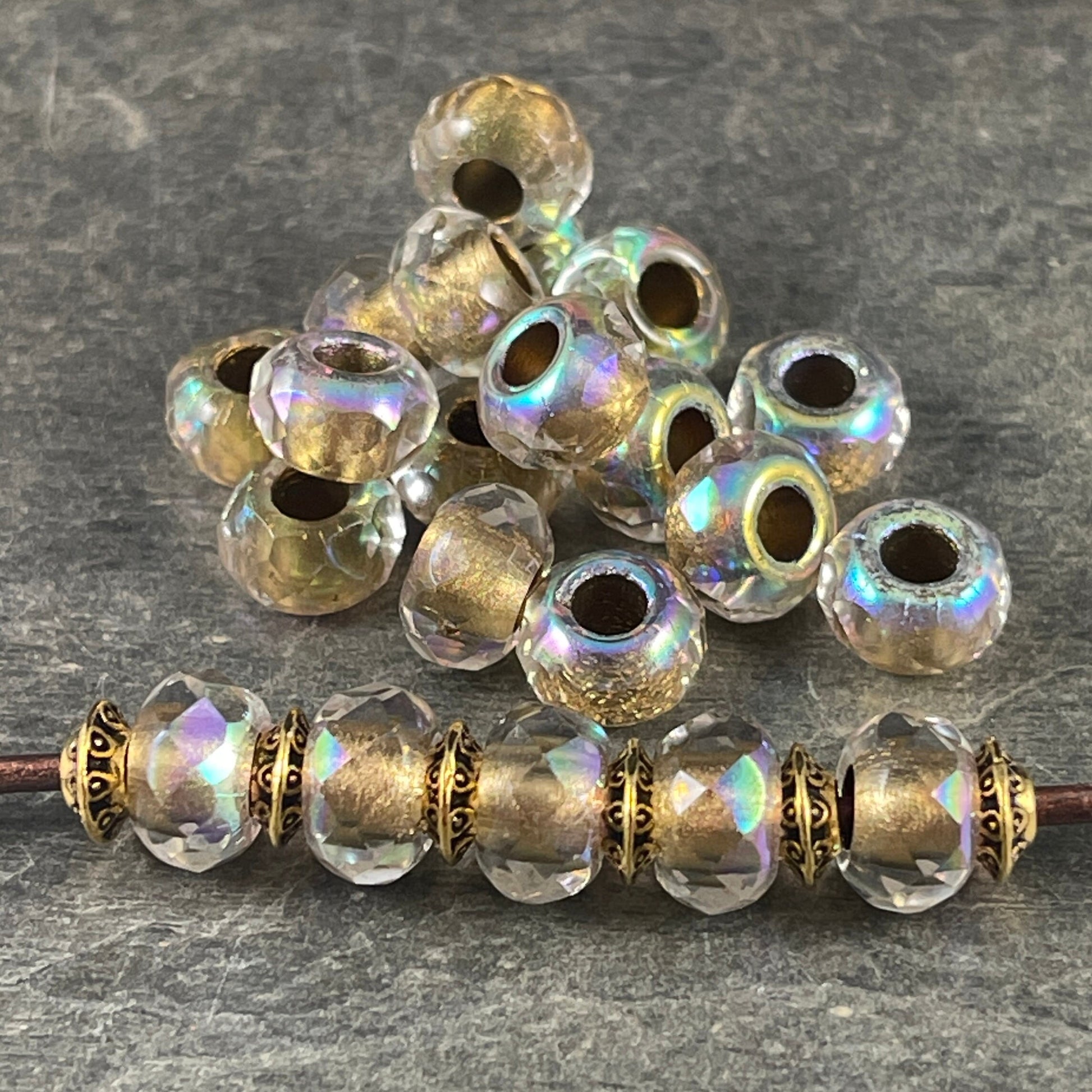 Czech Beads - 9x6mm Rondelle with 3.5mm hole, Transparent with Gold Core and AB Finish (ROL/N-1831) * 25 Beads