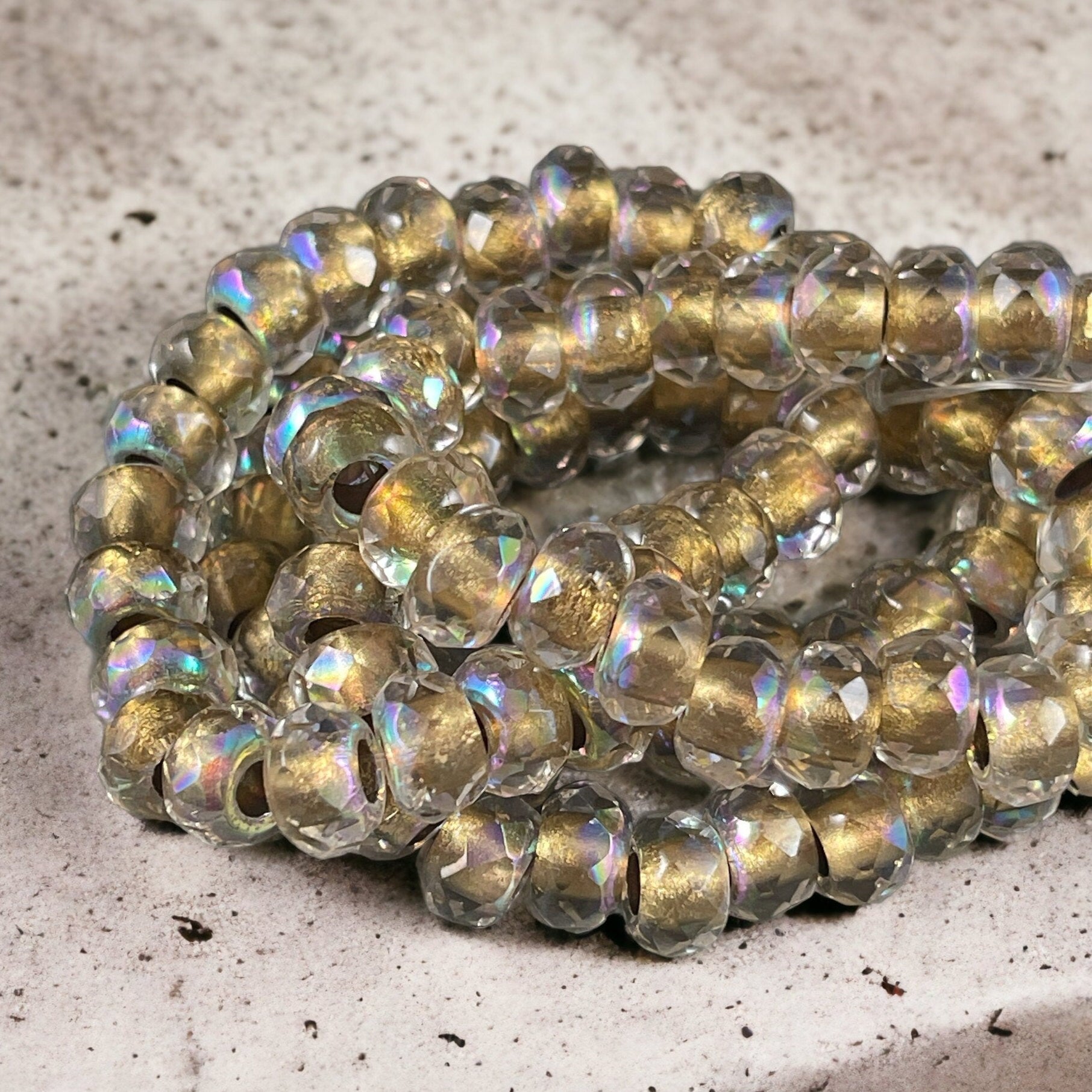 Czech Beads - 9x6mm Rondelle with 3.5mm hole, Transparent with Gold Core and AB Finish (ROL/N-1831) * 25 Beads