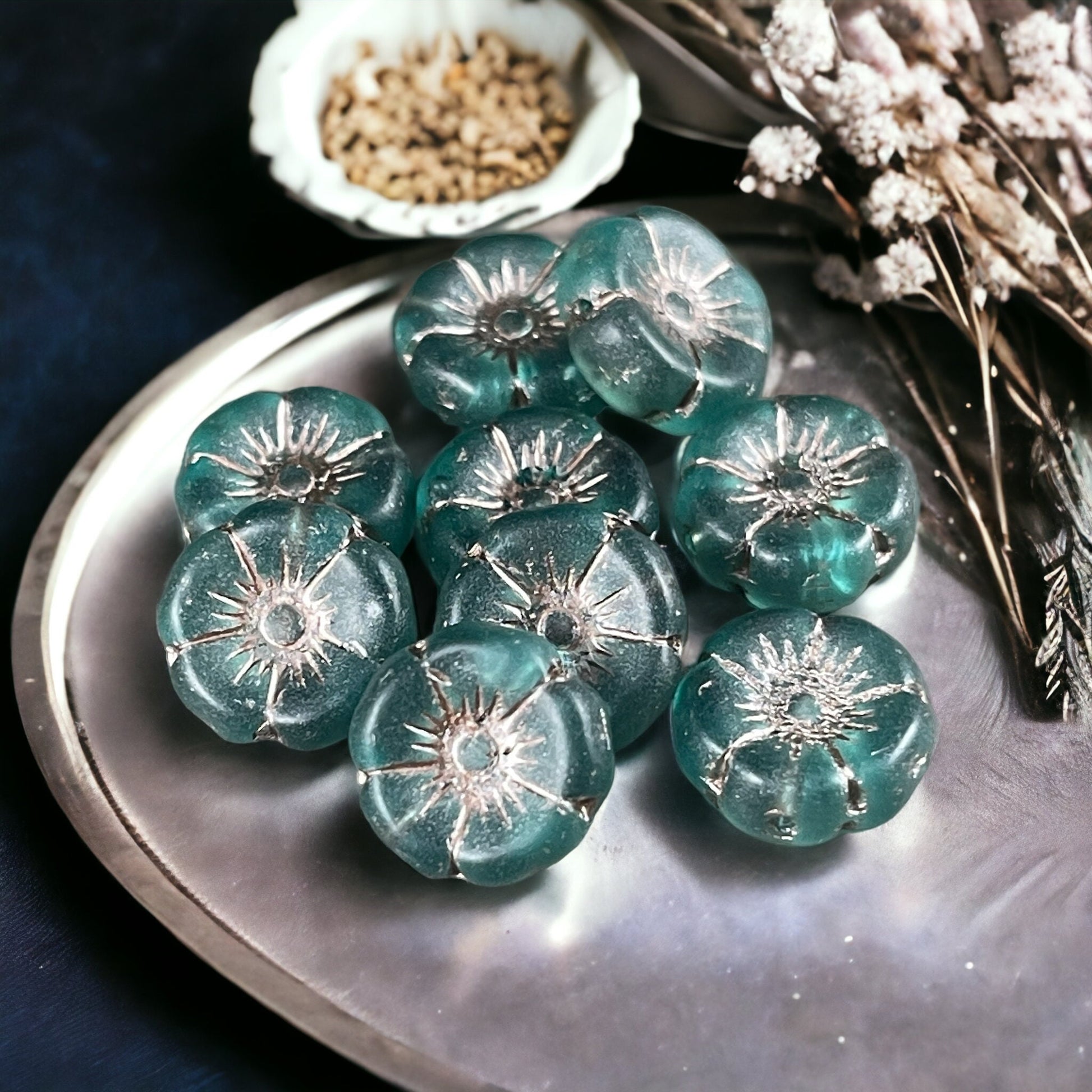 Czech Glass Beads - Matte Teal Blue Flower Beads, 12mm Hibiscus Flower, Teal with Metallic Beige Wash (FL12/N-1366) * Qty. 6