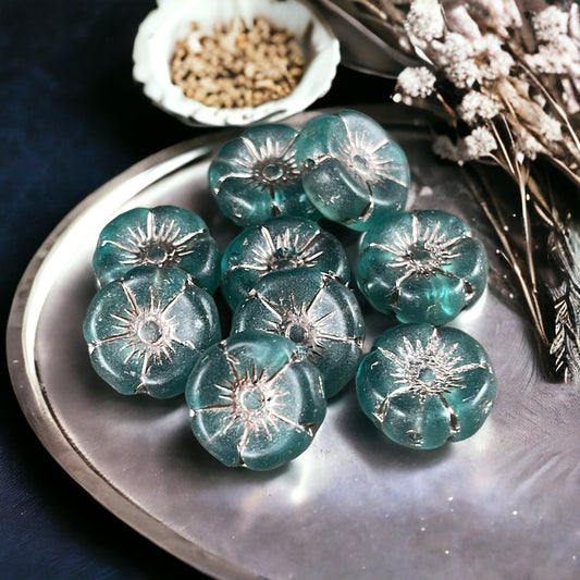 Czech Glass Beads - Matte Teal Blue Flower Beads, 12mm Hibiscus Flower, Teal with Metallic Beige Wash (FL12/N-1366) * Qty. 6