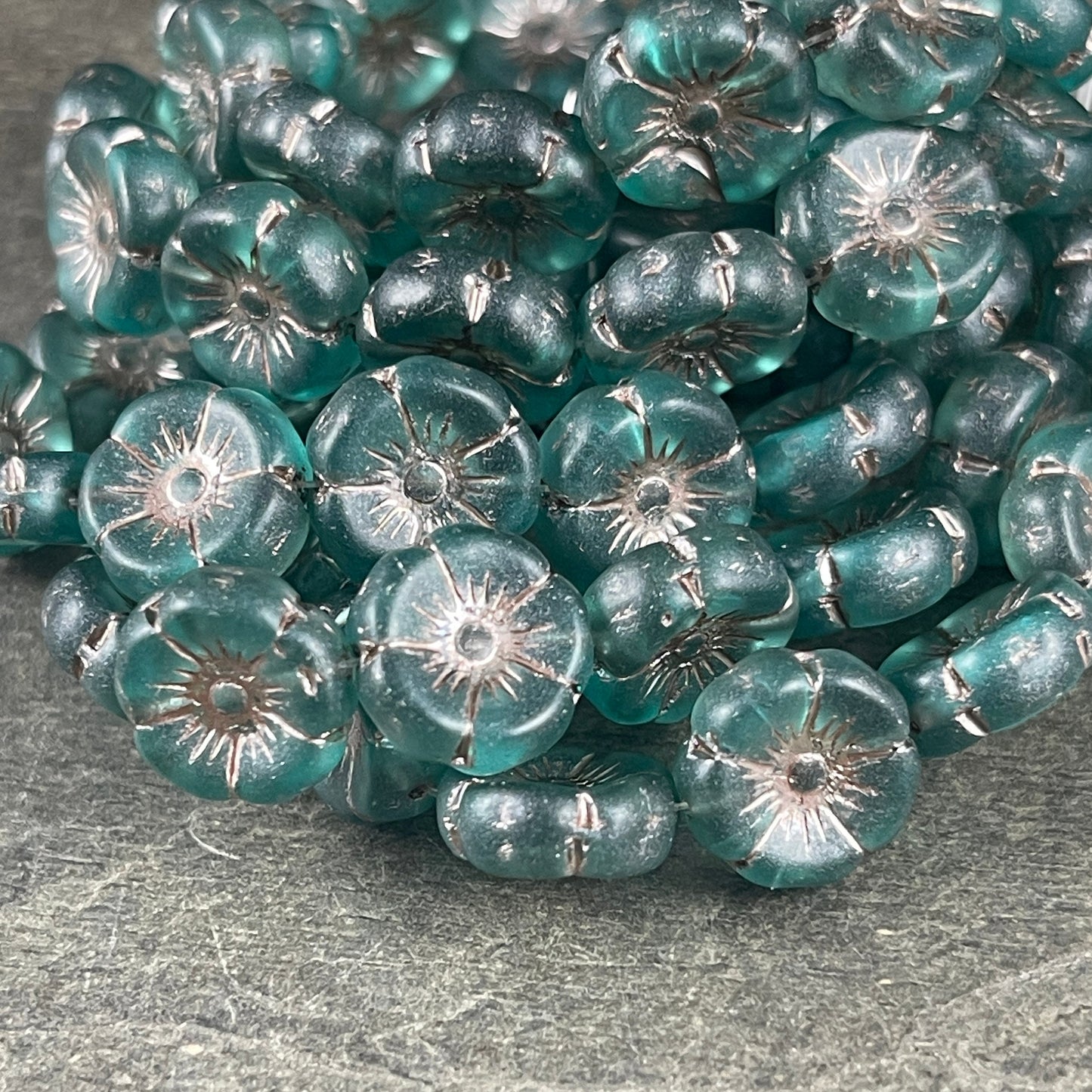 Czech Glass Beads - Matte Teal Blue Flower Beads, 12mm Hibiscus Flower, Teal with Metallic Beige Wash (FL12/N-1366) * Qty. 6