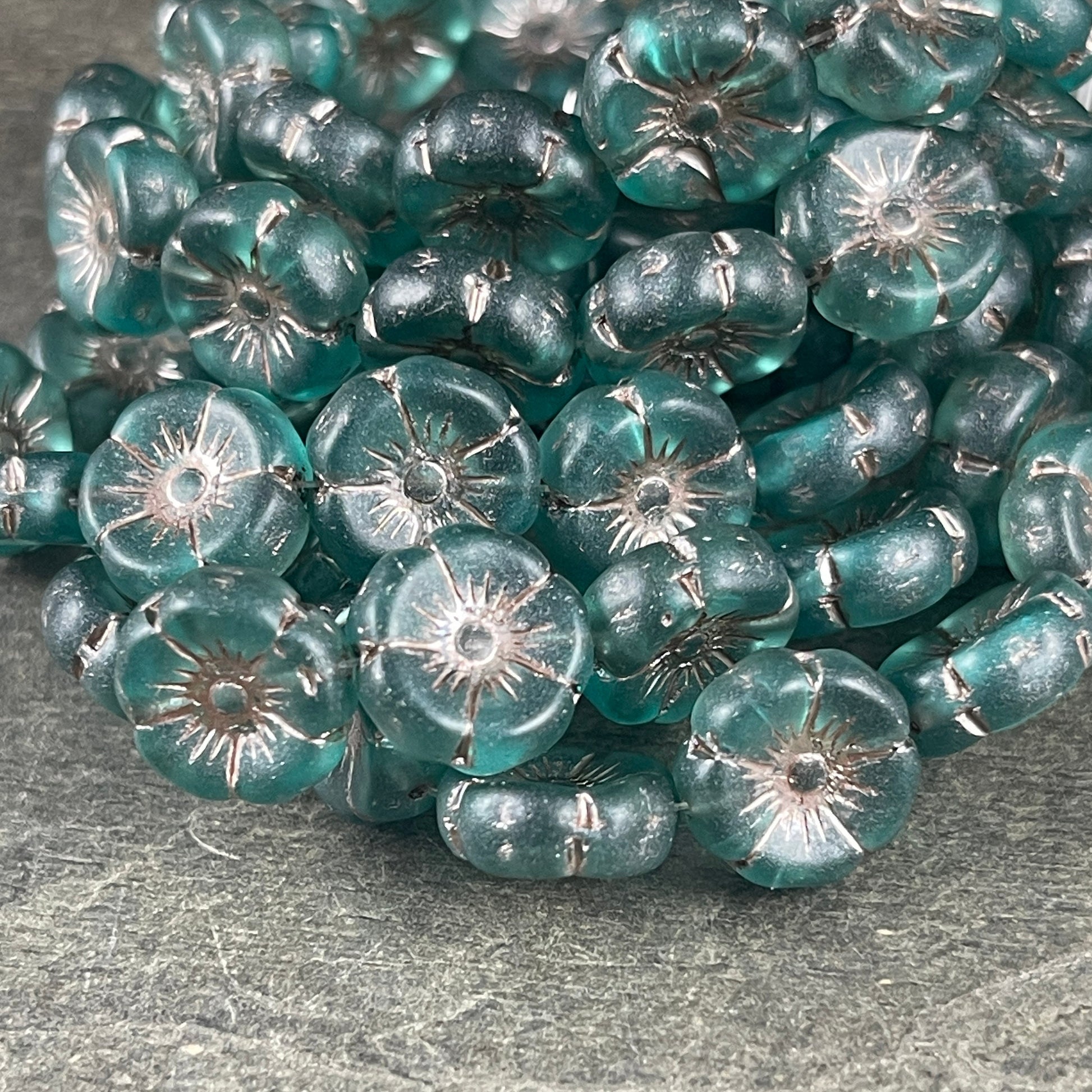 Czech Glass Beads - Matte Teal Blue Flower Beads, 12mm Hibiscus Flower, Teal with Metallic Beige Wash (FL12/N-1366) * Qty. 6