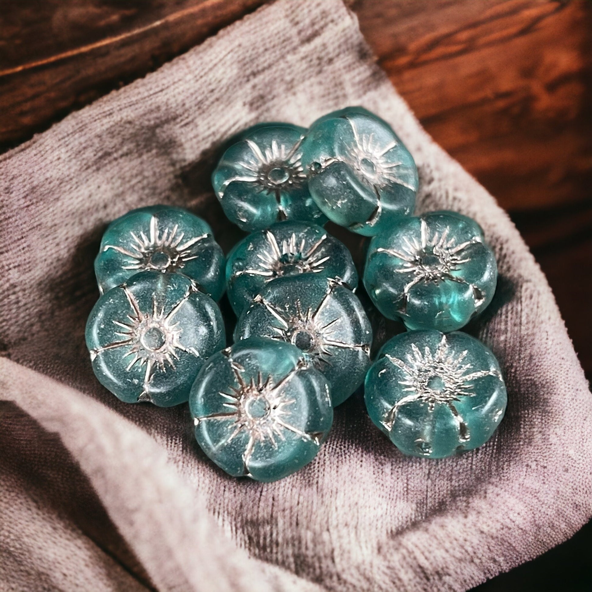 Czech Glass Beads - Matte Teal Blue Flower Beads, 12mm Hibiscus Flower, Teal with Metallic Beige Wash (FL12/N-1366) * Qty. 6