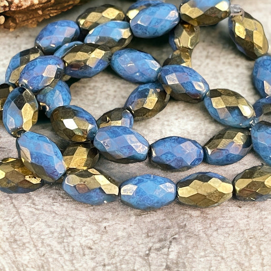 Czech Glass Beads - Cornflower and Gold 12mm Faceted Oval Beads, Cornflower Blue with Hyacinth and Gold Finishes (FOV/N-0480) * Qty. 6