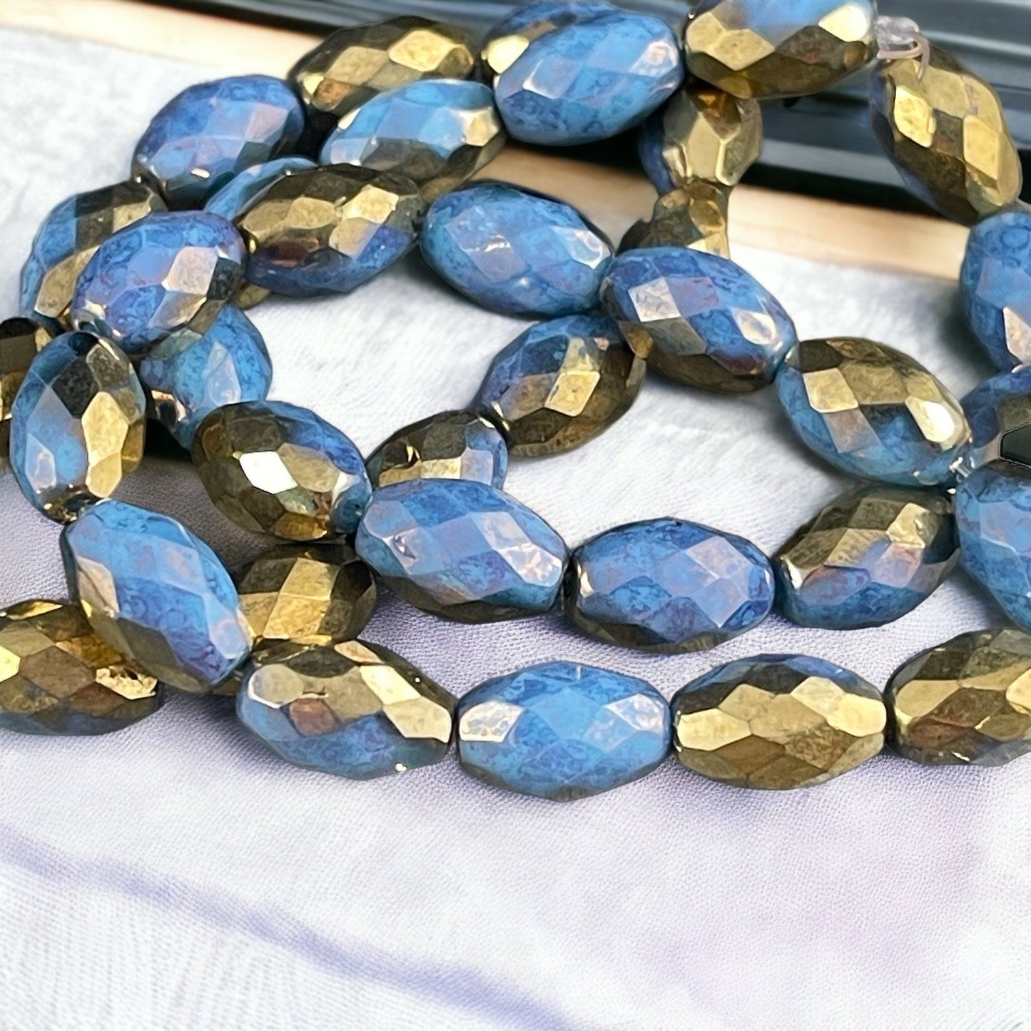 Czech Glass Beads - Cornflower and Gold 12mm Faceted Oval Beads, Cornflower Blue with Hyacinth and Gold Finishes (FOV/N-0480) * Qty. 6