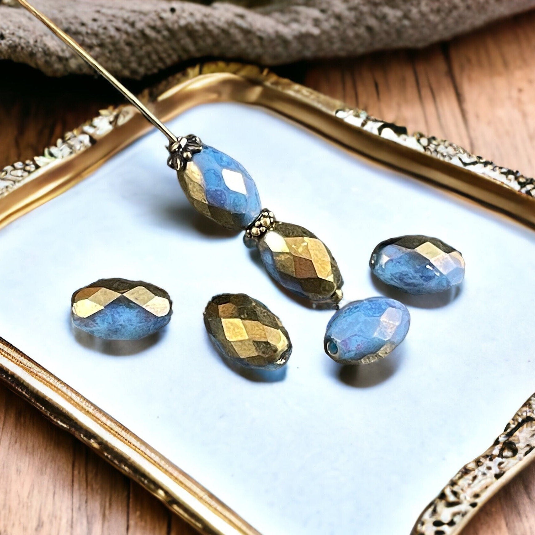Czech Glass Beads - Cornflower and Gold 12mm Faceted Oval Beads, Cornflower Blue with Hyacinth and Gold Finishes (FOV/N-0480) * Qty. 6