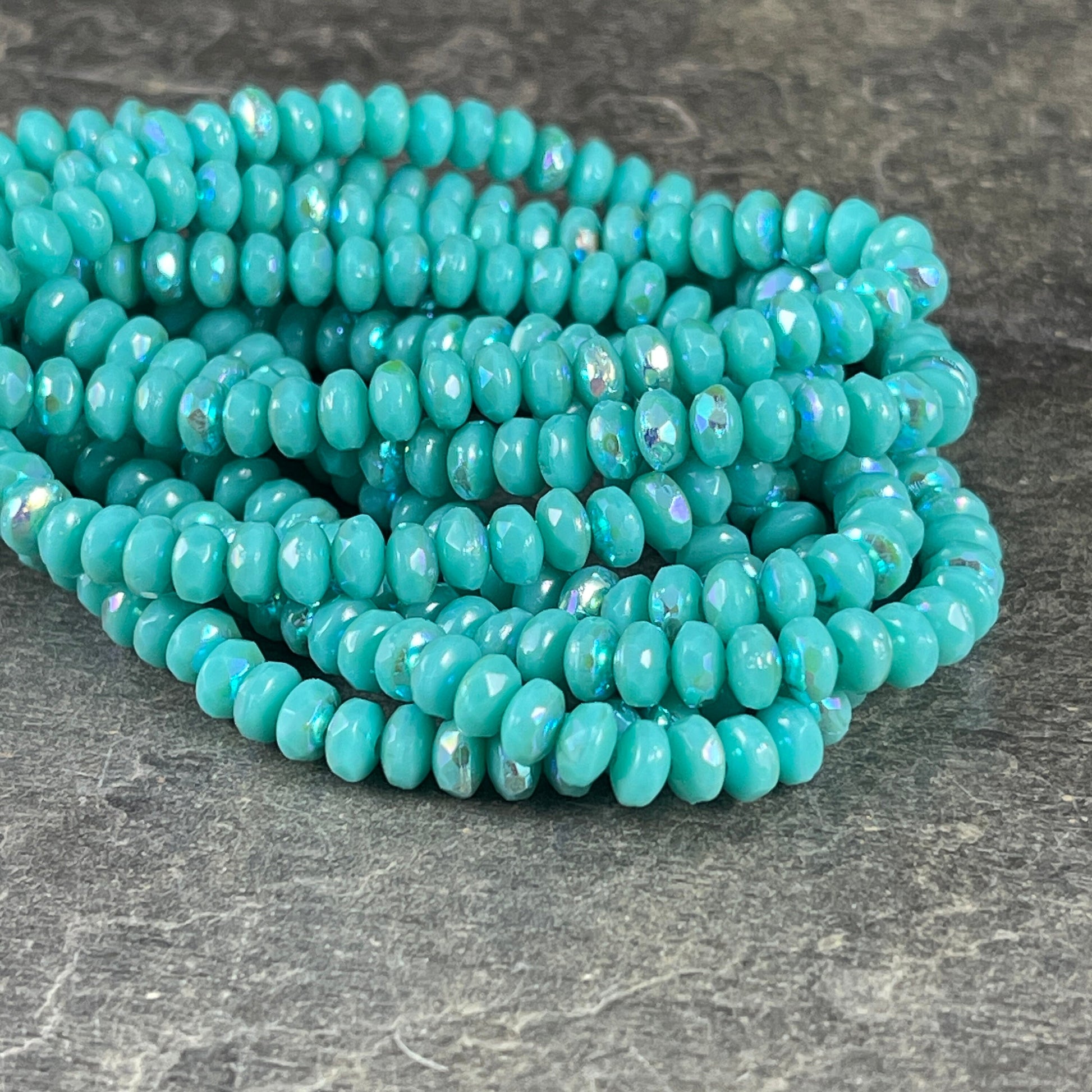 Czech Glass Beads - 4x2.5mm Faceted Turquoise Rondelles, Opaque Light Turquoise with AB (RON3/N-1715) * Qty. 50