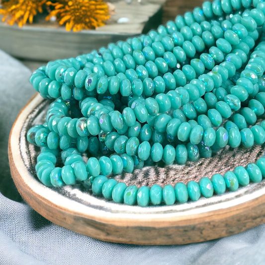 Czech Glass Beads - 4x2.5mm Faceted Turquoise Rondelles, Opaque Light Turquoise with AB (RON3/N-1715) * Qty. 50