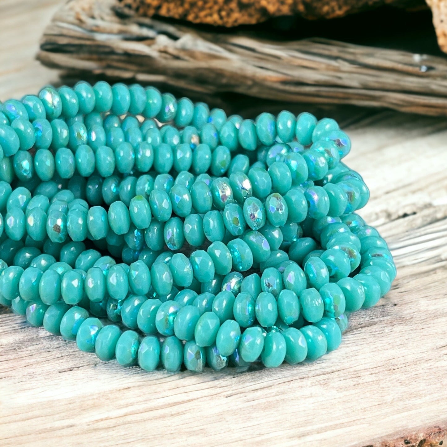 Czech Glass Beads - 4x2.5mm Faceted Turquoise Rondelles, Opaque Light Turquoise with AB (RON3/N-1715) * Qty. 50