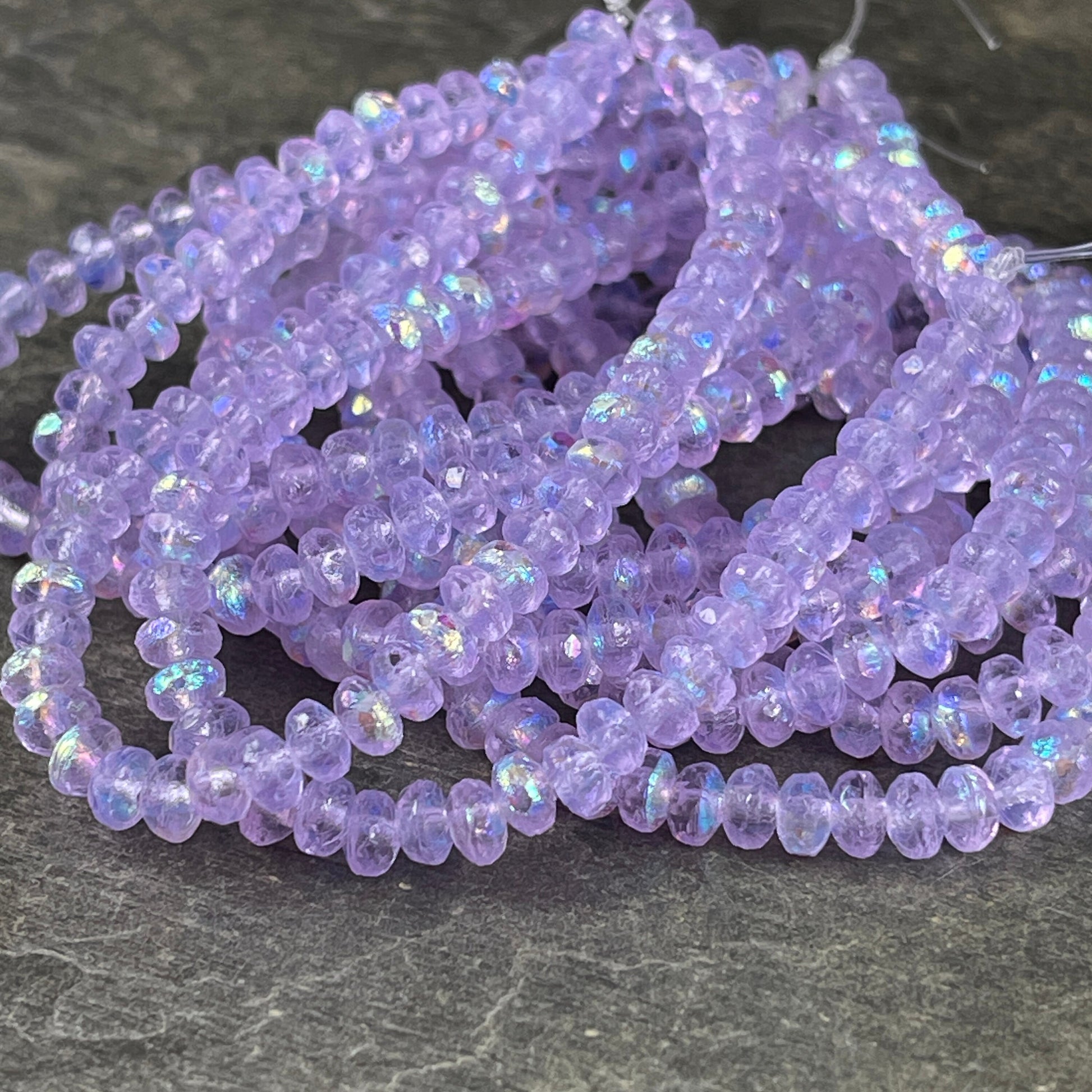 Faceted Lilac Czech Glass Rondelles ~ Transparent Etched Thistle with AB Finish ~ 4x2.5mm Purple Spacer Beads (RON3/N-0544) * Qty. 50