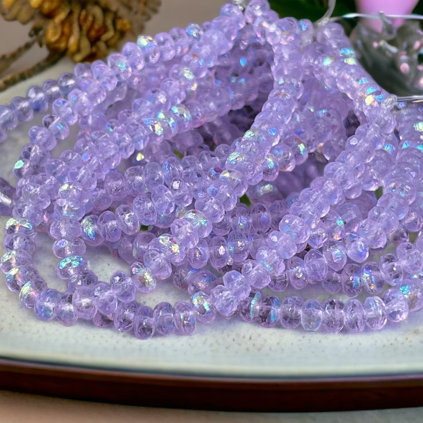 Czech Glass Beads - Faceted Rondelles ~ Transparent Etched Thistle with AB Finish ~ 4x2.5mm Purple Spacer Beads (RON3/N-0544) * Qty. 50