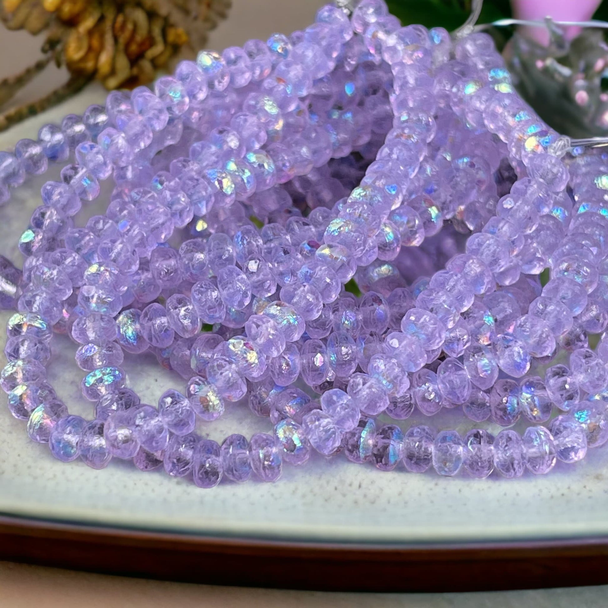 Czech Glass Beads - Faceted Rondelles ~ Transparent Etched Thistle with AB Finish ~ 4x2.5mm Purple Spacer Beads (RON3/N-0544) * Qty. 50