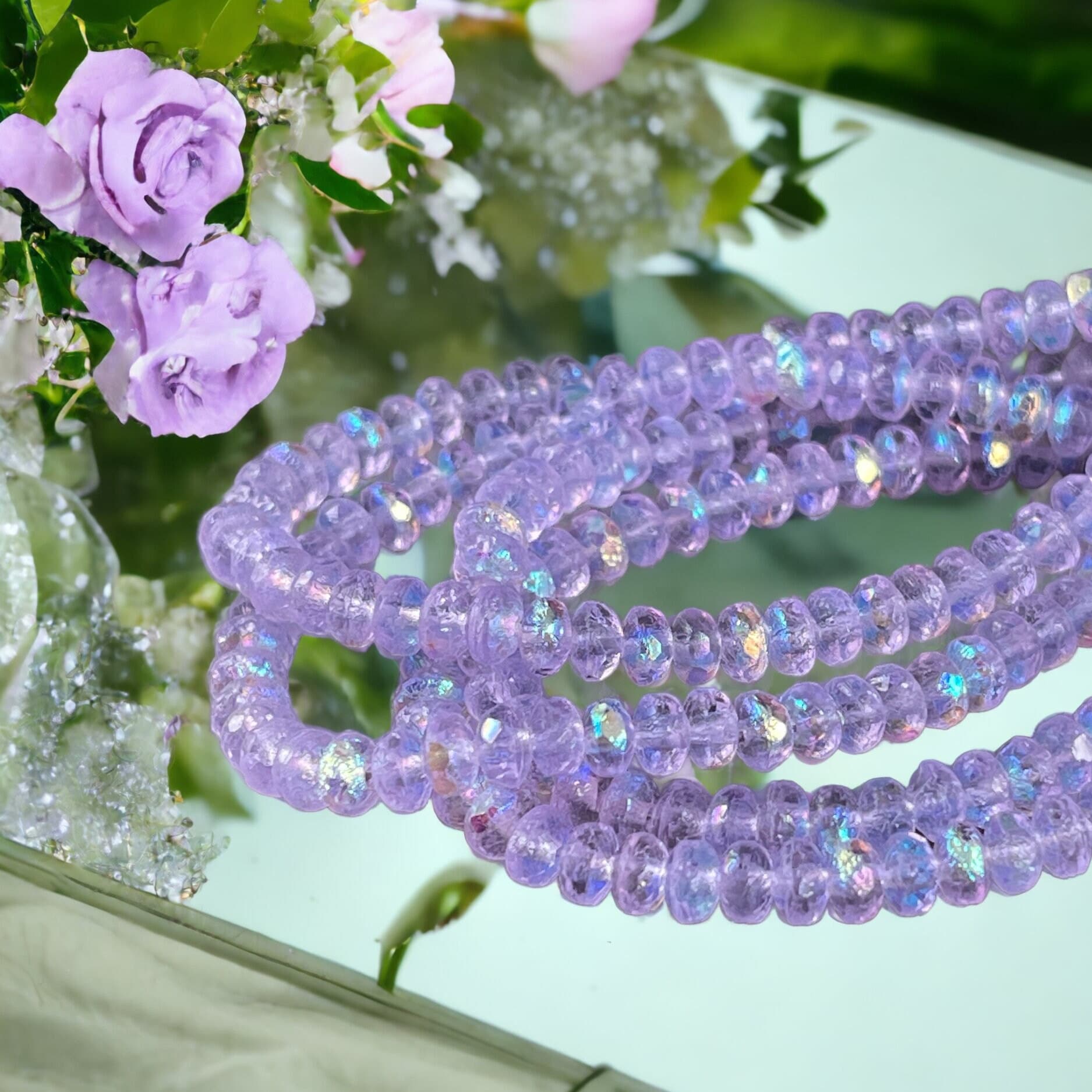 Czech Glass Beads - Faceted Rondelles ~ Transparent Etched Thistle with AB Finish ~ 4x2.5mm Purple Spacer Beads (RON3/N-0544) * Qty. 50