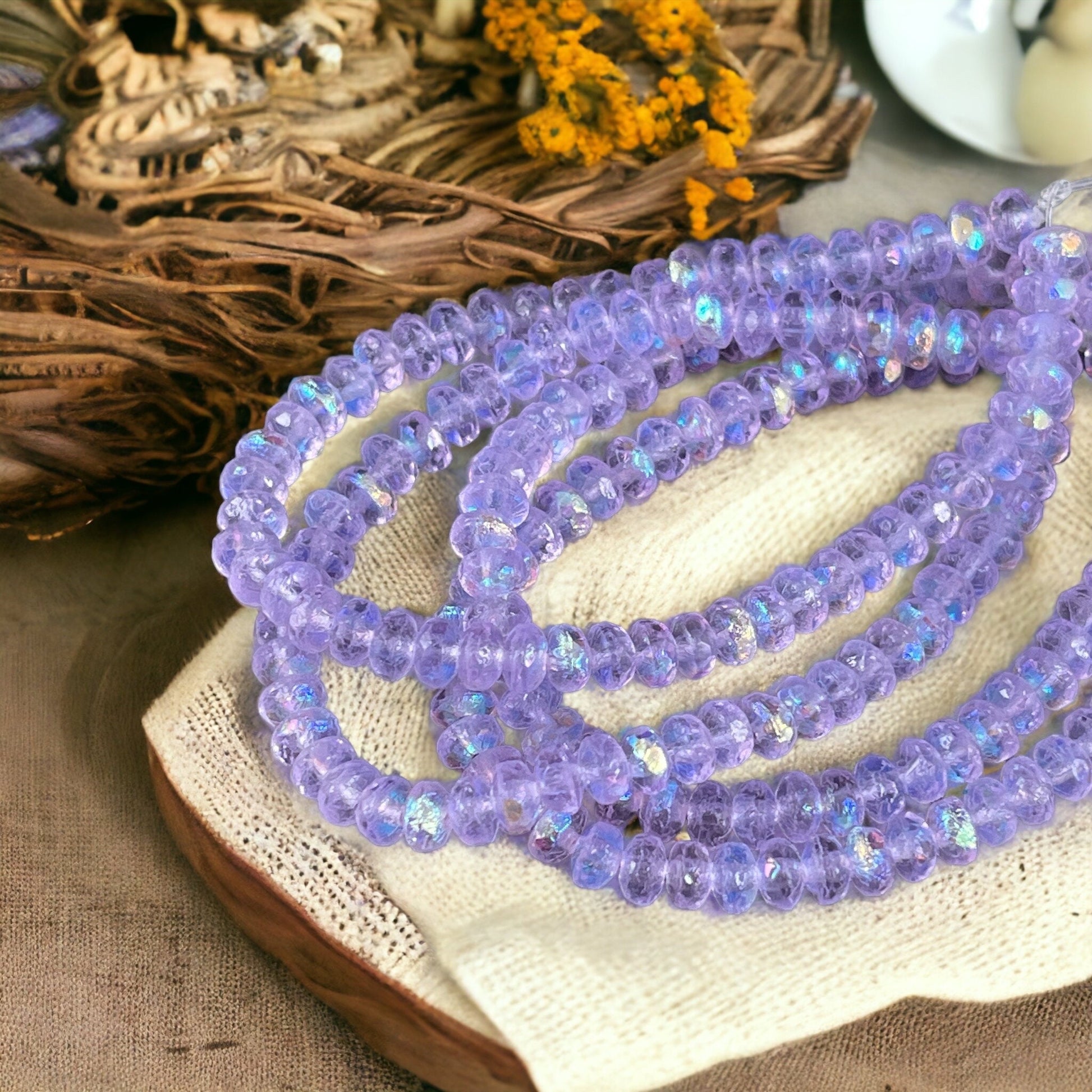 Czech Glass Beads - Faceted Rondelles ~ Transparent Etched Thistle with AB Finish ~ 4x2.5mm Purple Spacer Beads (RON3/N-0544) * Qty. 50