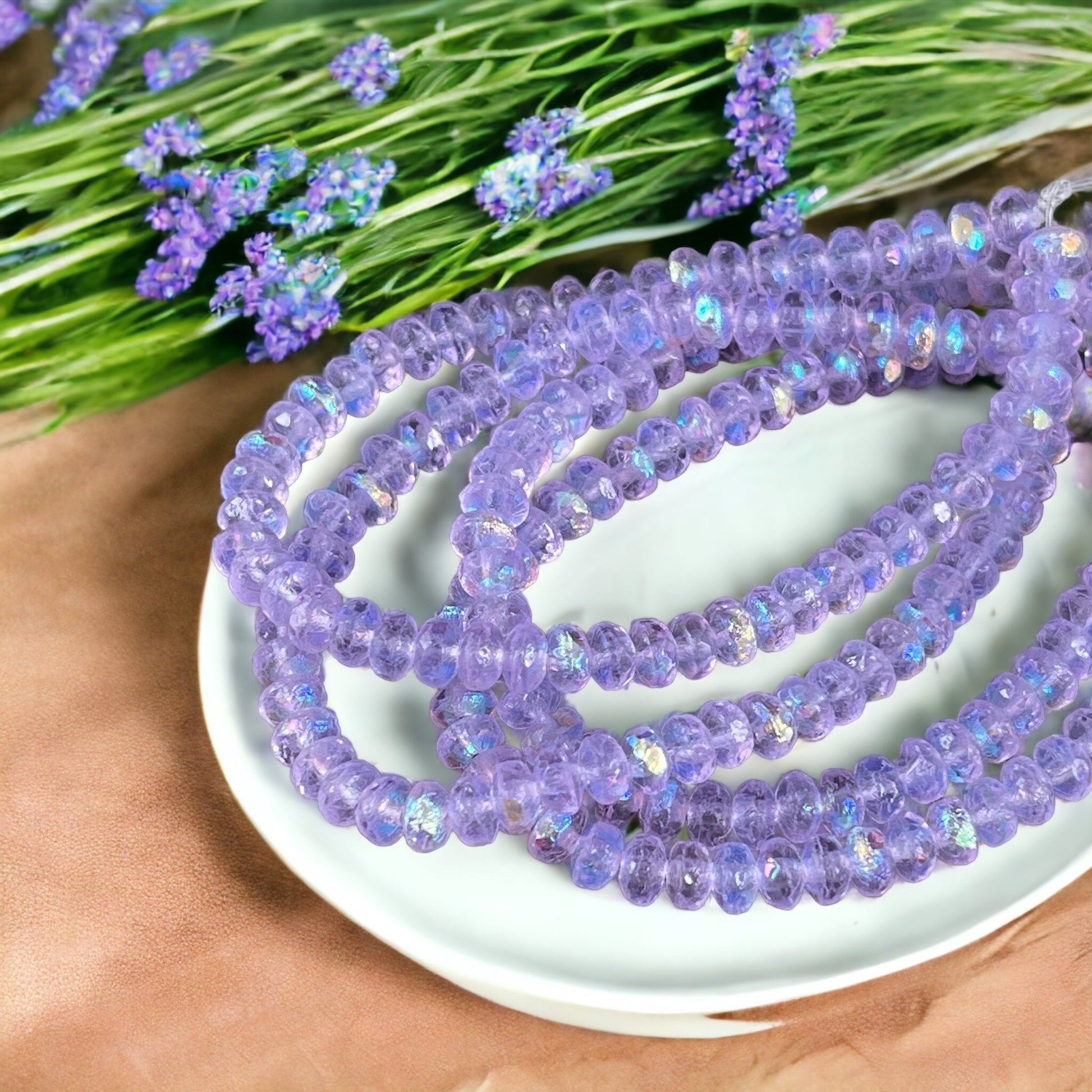 Czech Glass Beads - Faceted Rondelles ~ Transparent Etched Thistle with AB Finish ~ 4x2.5mm Purple Spacer Beads (RON3/N-0544) * Qty. 50