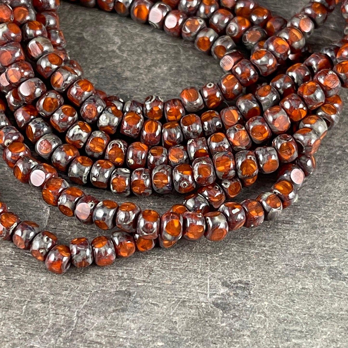 Pumpkin Orange Picasso Trica Beads ~ 4x3mm Faceted Czech Glass Seed Beads ~ Dark Orange Picasso Beads (TRICA/N-1197) * Qty. 50