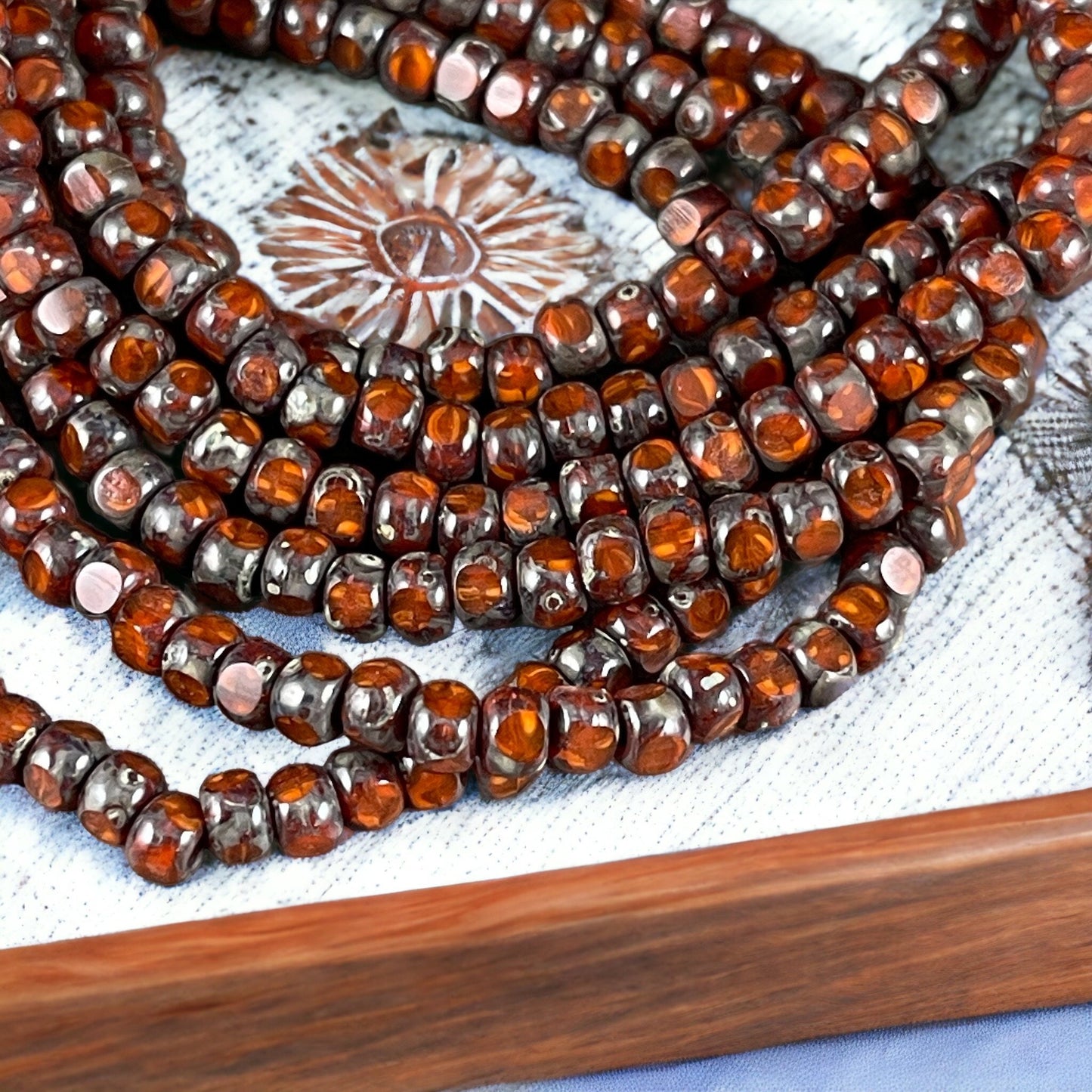 Czech Beads - 4x3mm Faceted Trica, Dark Orange Picasso (TRICA/N-1197) * 50 Beads
