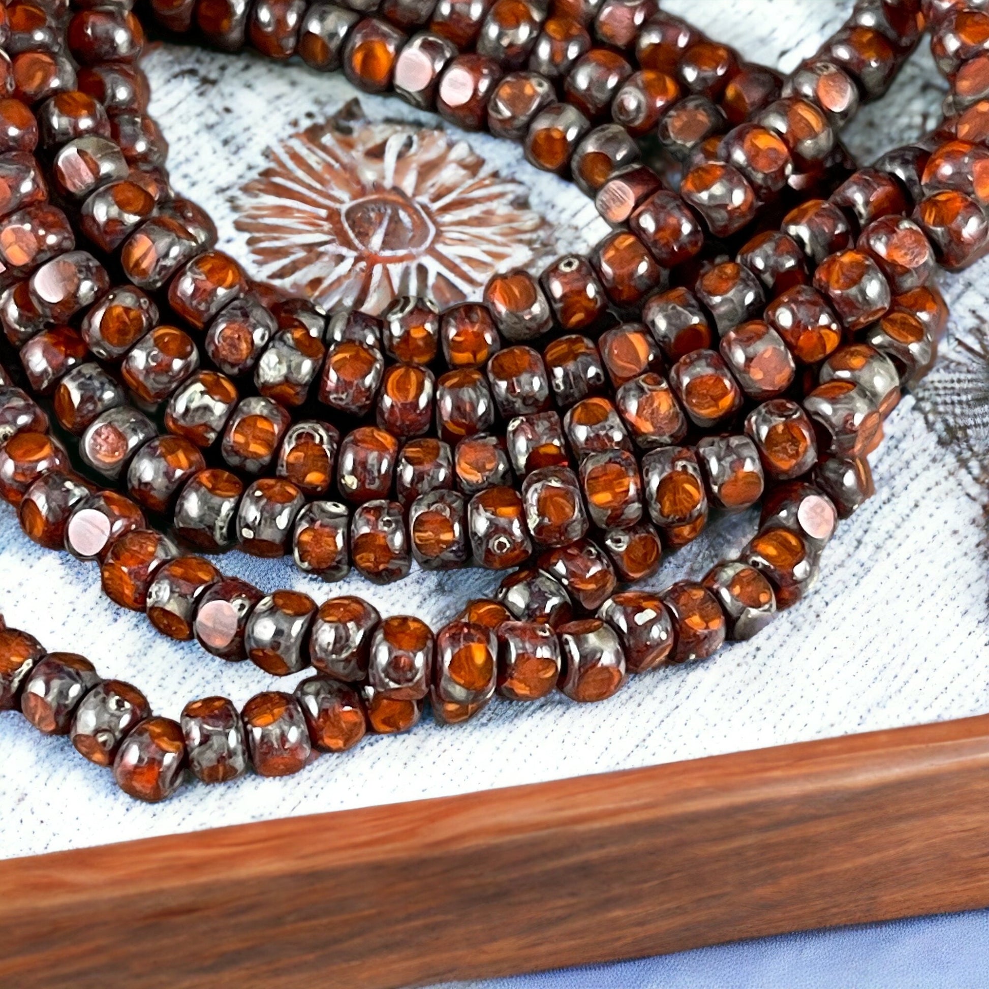 Czech Beads - 4x3mm Faceted Trica, Dark Orange Picasso (TRICA/N-1197) * 50 Beads