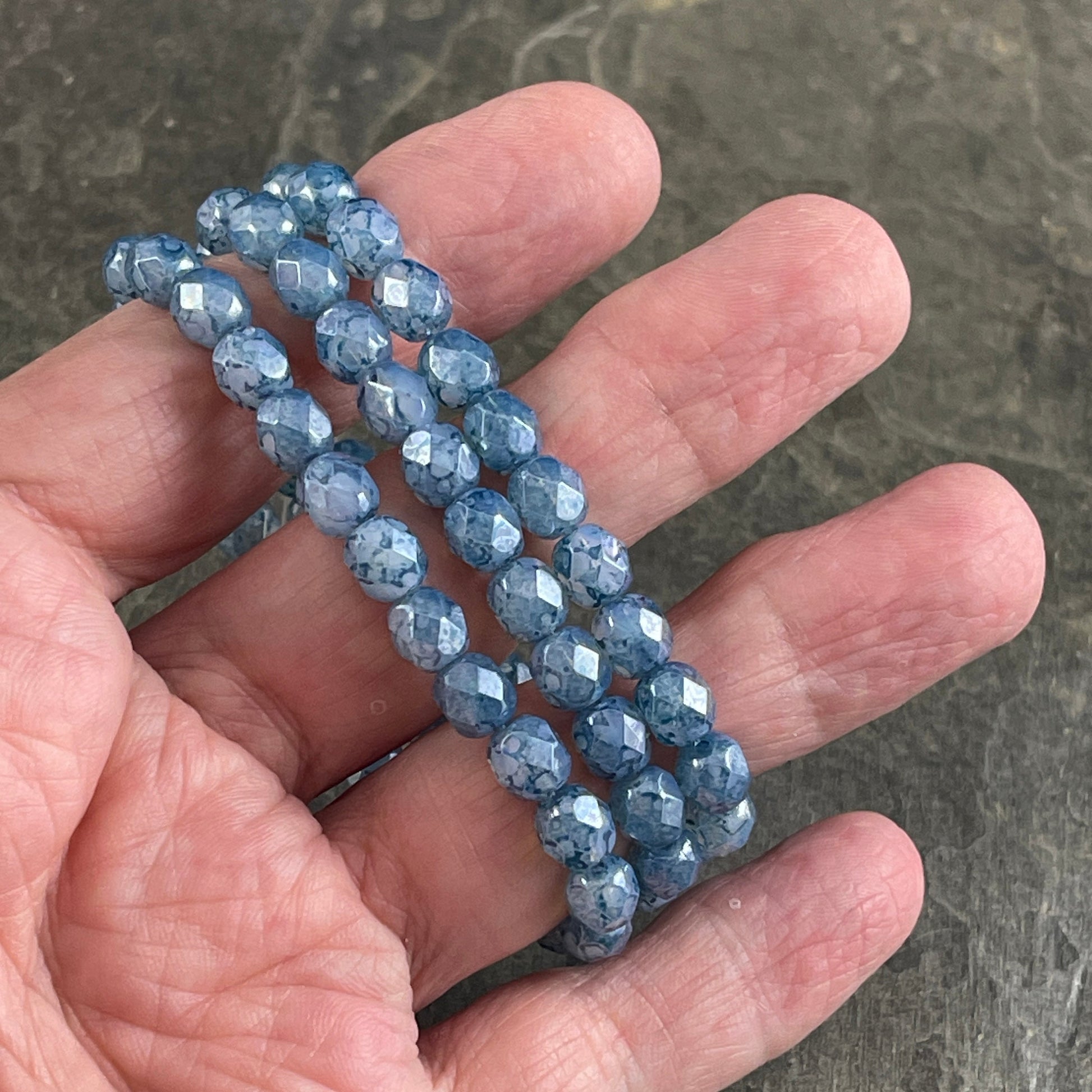 Blue Czech Glass Beads 6mm Faceted Round Glass Beads Steel Blue Marbled Picasso Beads (FP6/N-021) * Qty. 25