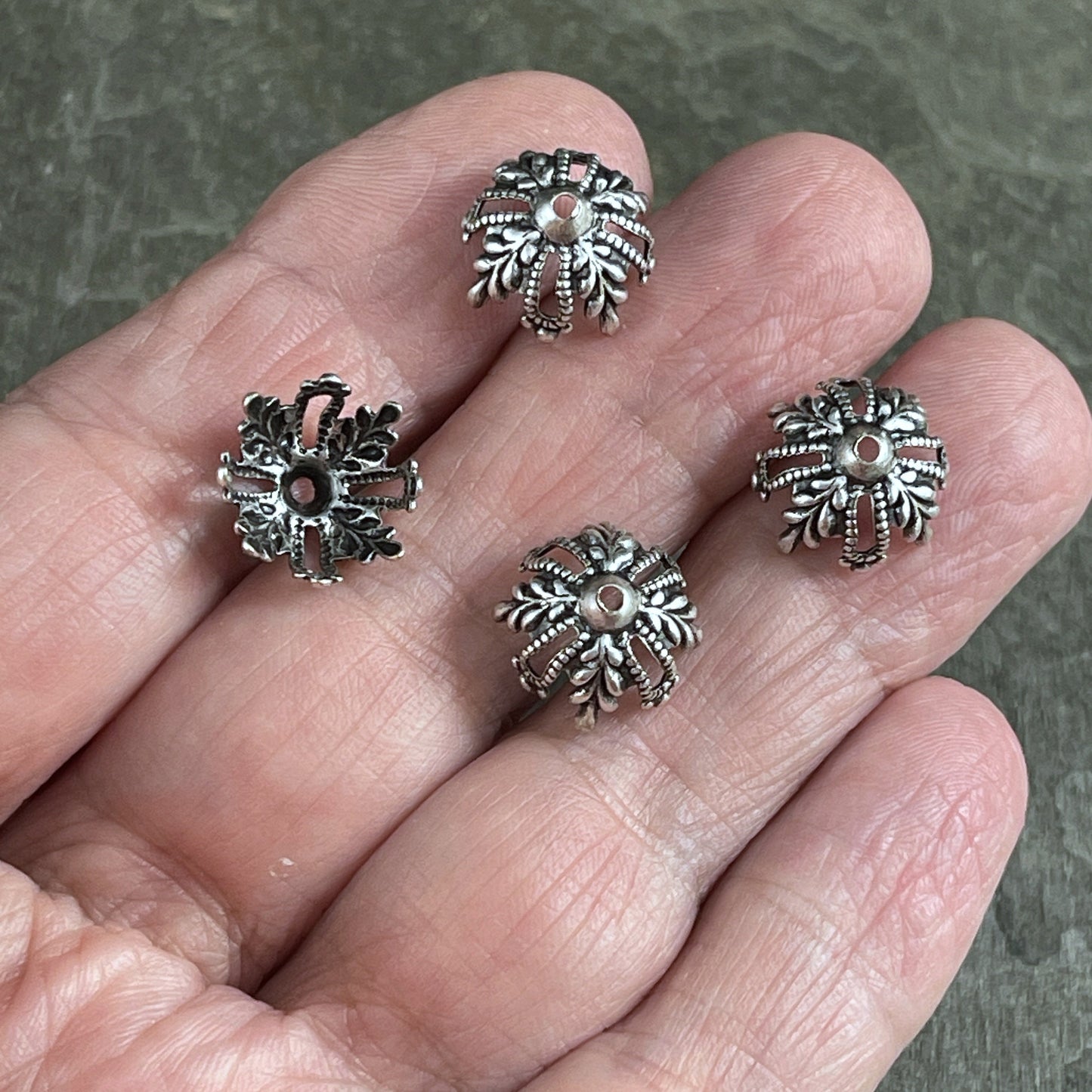 Antiqued Silver Floral Filigree Bead Caps ~ 12mm Ornate Victorian Bead Caps ~ Oxidized Silver Plated Brass (VJS/R373) * Qty. 4