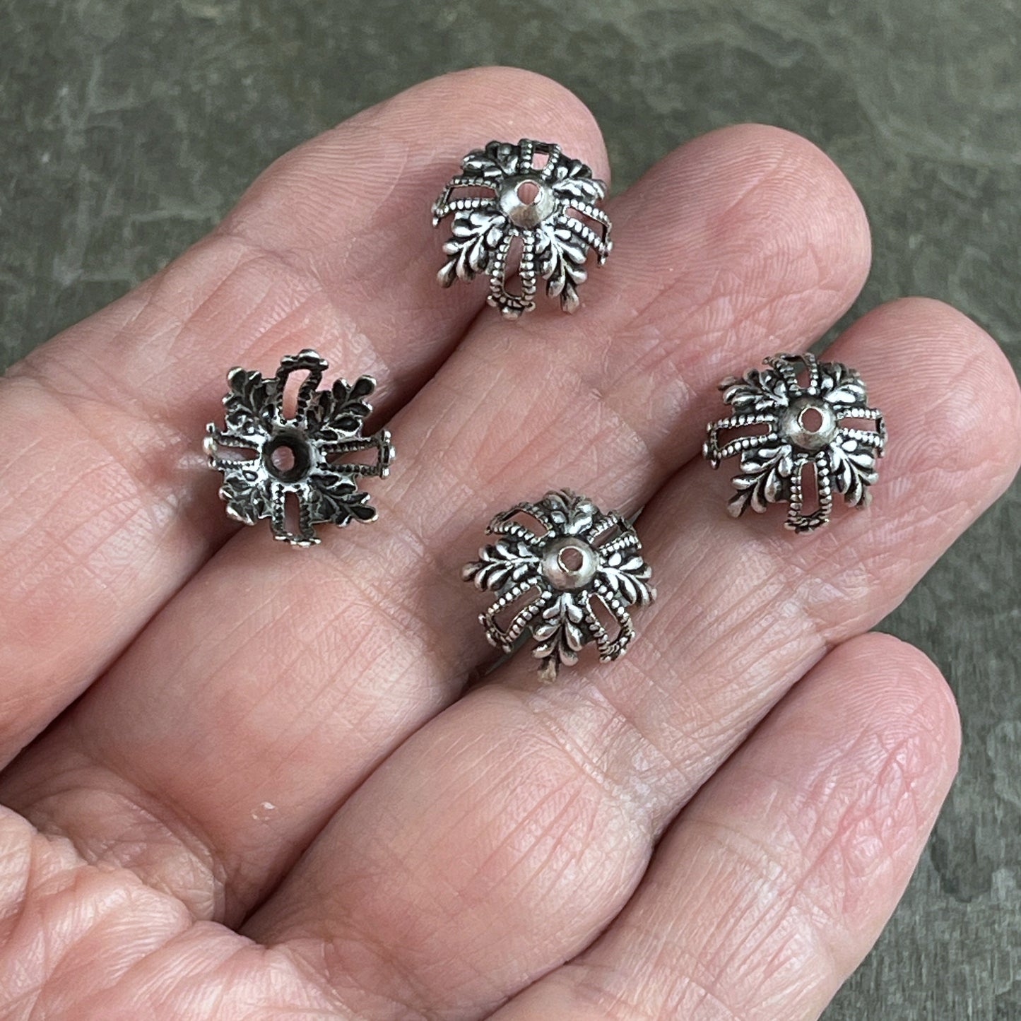 Antiqued Silver Floral Filigree Bead Caps ~ 12mm Ornate Victorian Bead Caps ~ Oxidized Silver Plated Brass (VJS/R373) * Qty. 4