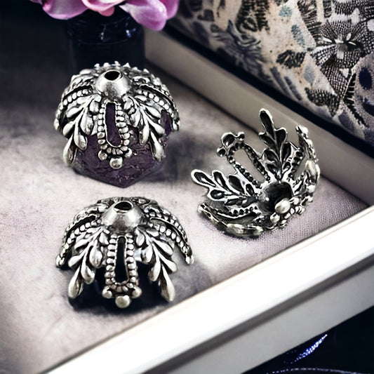 Antiqued Silver Floral Filigree Bead Caps ~ 12mm Ornate Victorian Bead Caps ~ Oxidized Silver Plated Brass (VJS/R373) * Qty. 6