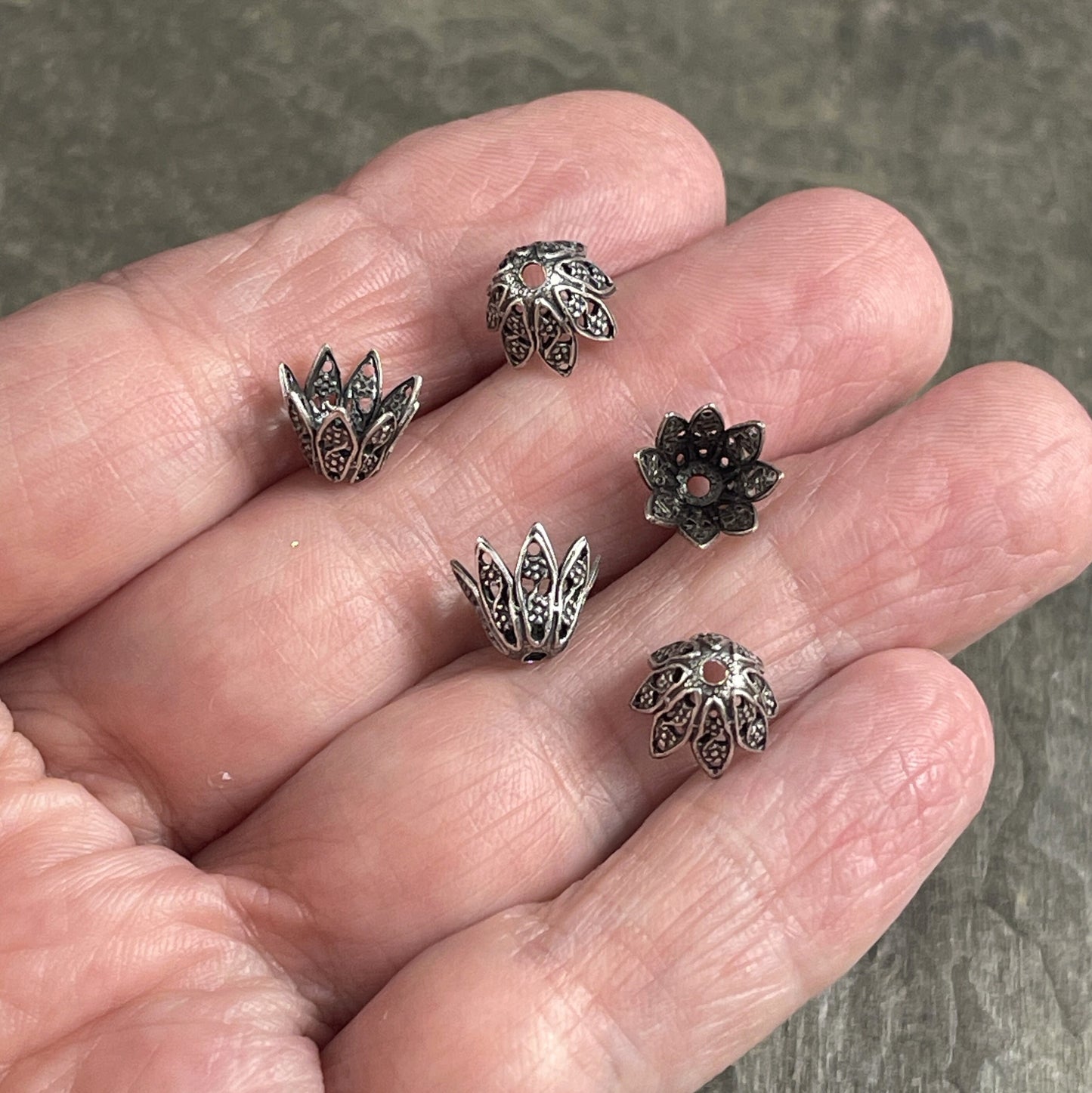 8mm Antiqued Silver Filigree Cone Shape Bead Caps ~ Oxidized Silver Plated Brass Tapered Bead Caps (VJS-W299) * Qty. 4